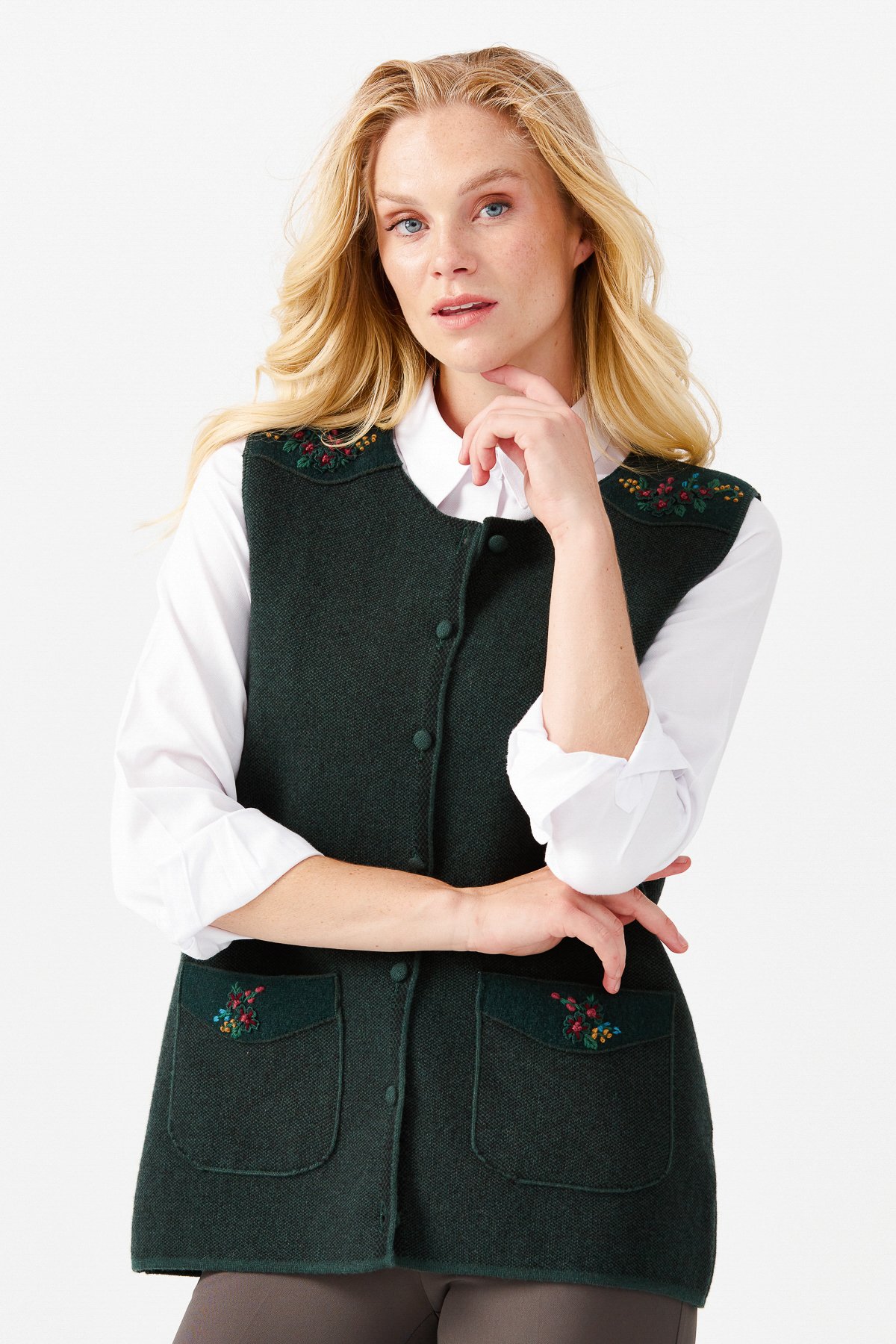 22113Женский жилет на пуговицах с круглым вырезом и карманом на плече с отделкой, зеленый