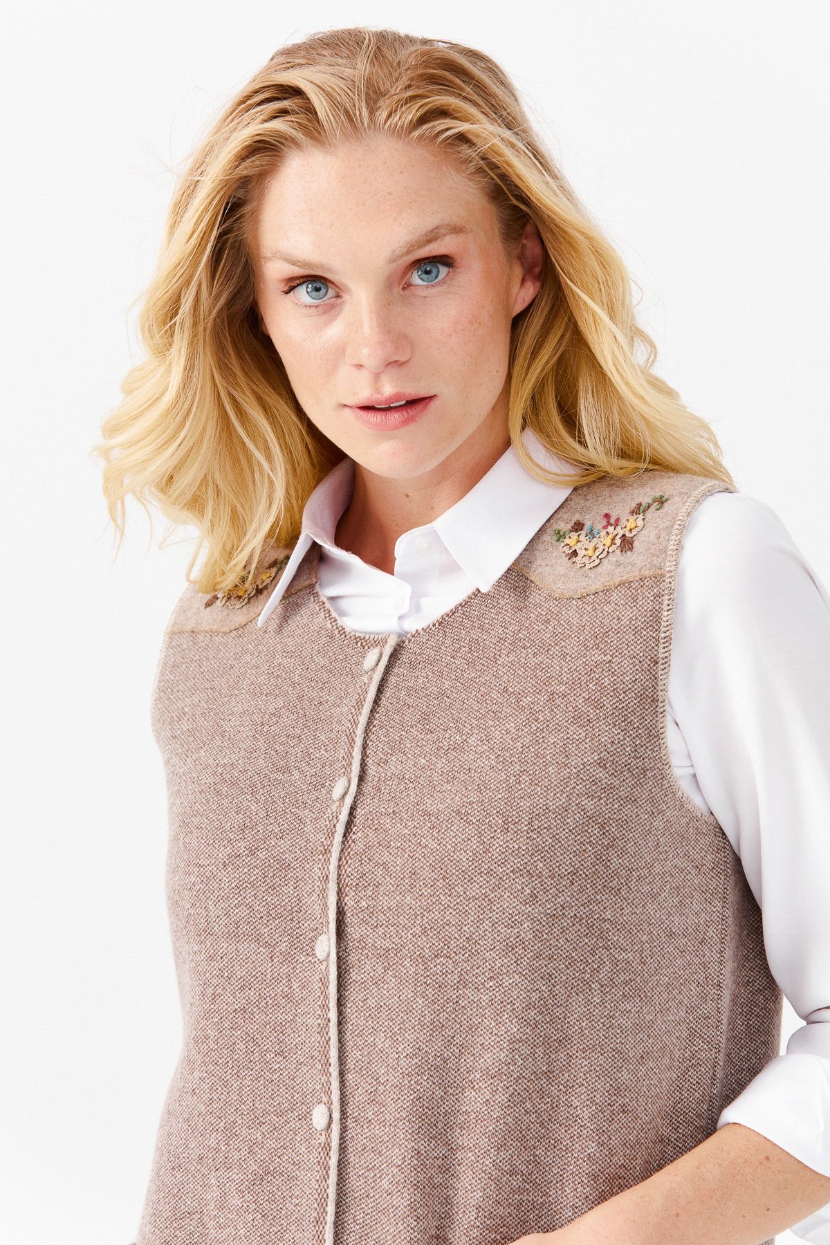 22113Женский жилет на пуговицах с круглым вырезом и карманом на плече с отделкой, бежевый 