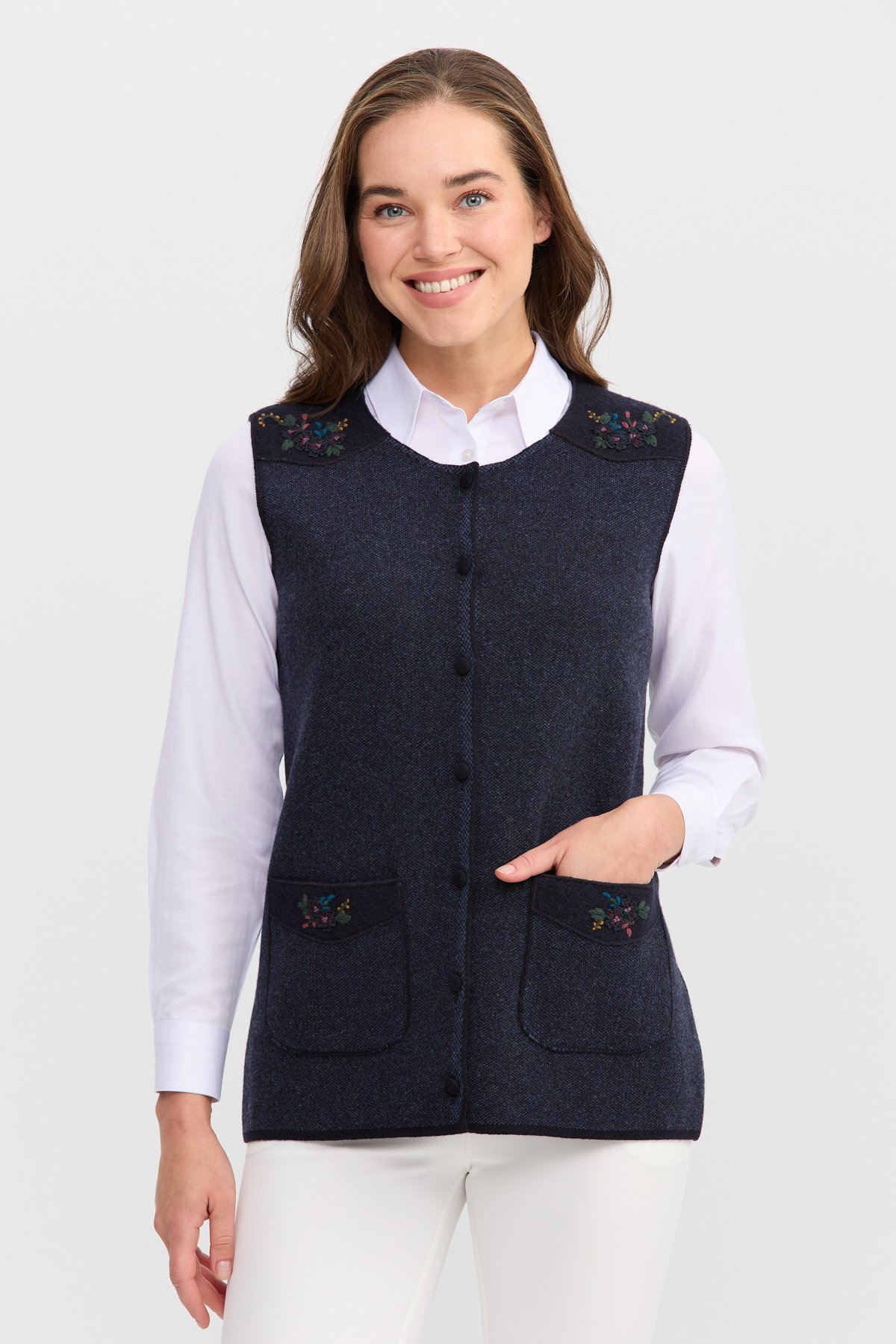 22113Женский жилет на пуговицах с круглым вырезом и карманом на плече с отделкой, темно синий