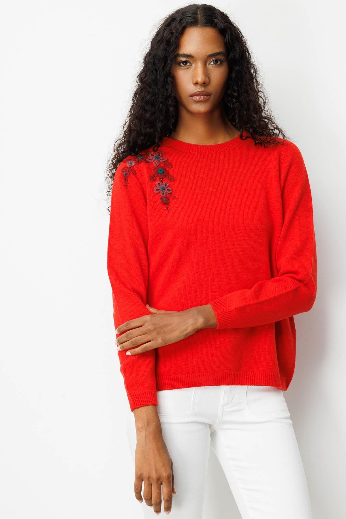 25204Kadın Sıfır Yaka Omuzu İşlemeli Yün Kazak Mercan