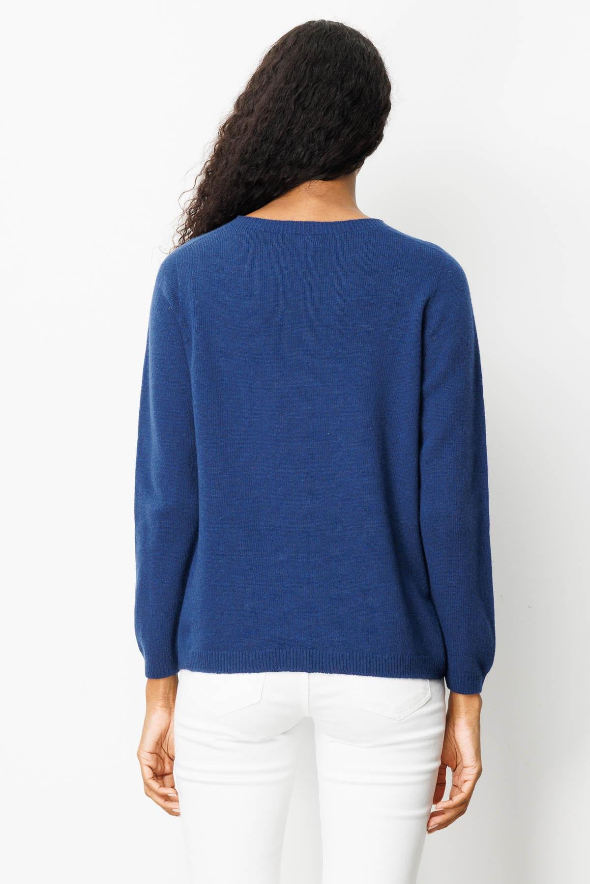 25204Kadın Sıfır Yaka Omuzu İşlemeli Yün Kazak İndigo