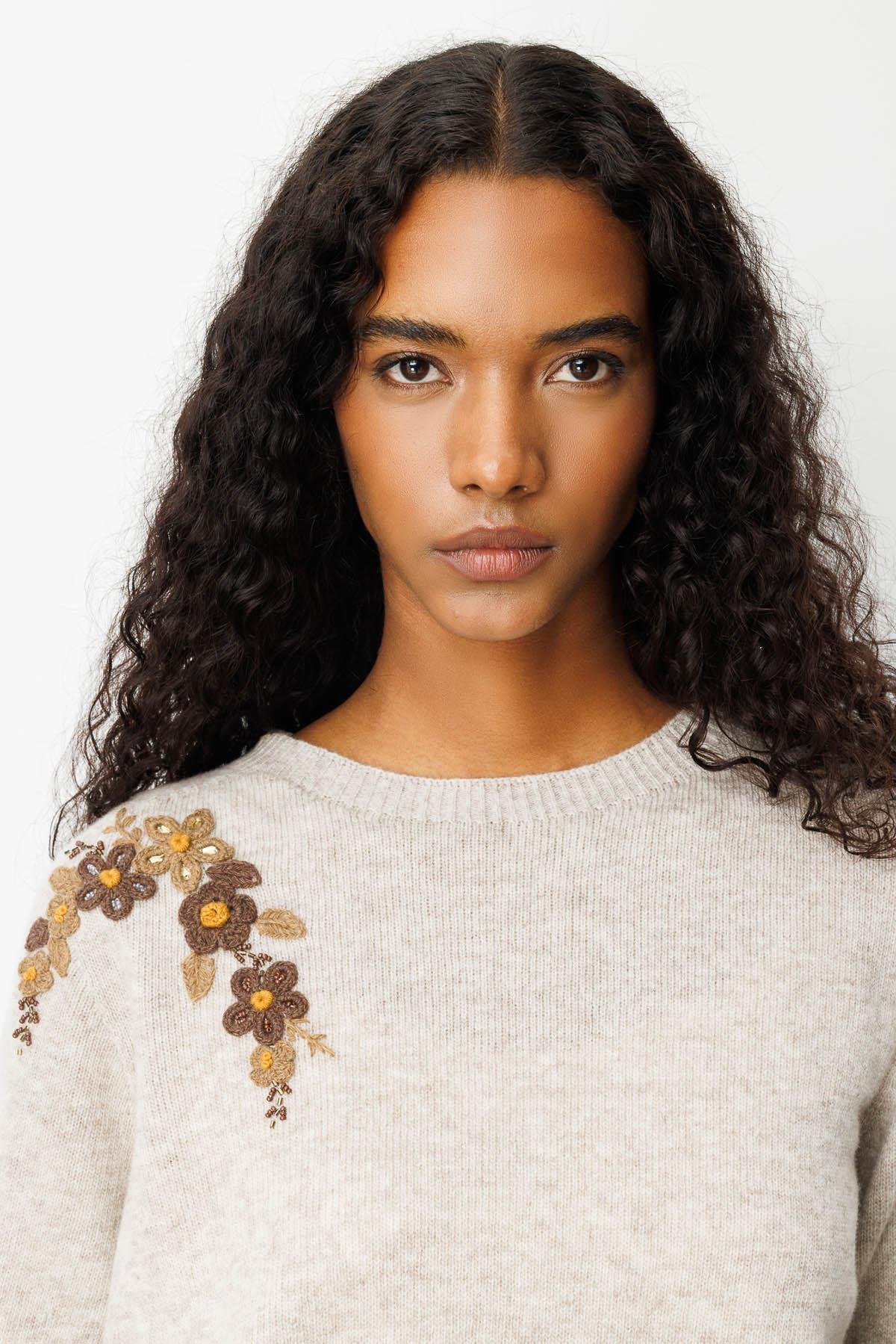 25204Kadın Sıfır Yaka Omuzu İşlemeli Yün Kazak V.Bej