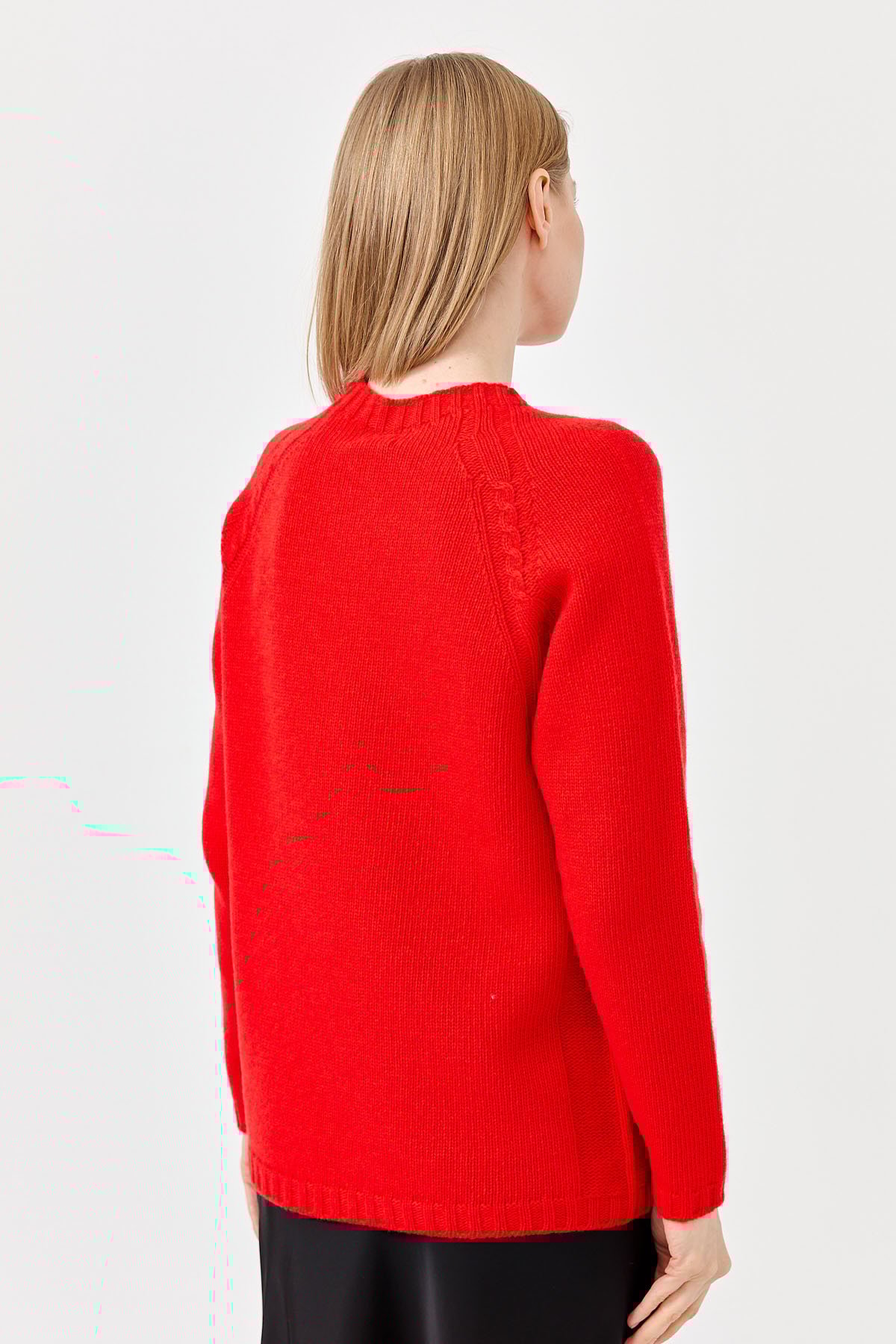 22096Kadın Sıfır Yaka Omzu Saç Örgülü Yün Kazak Mercan