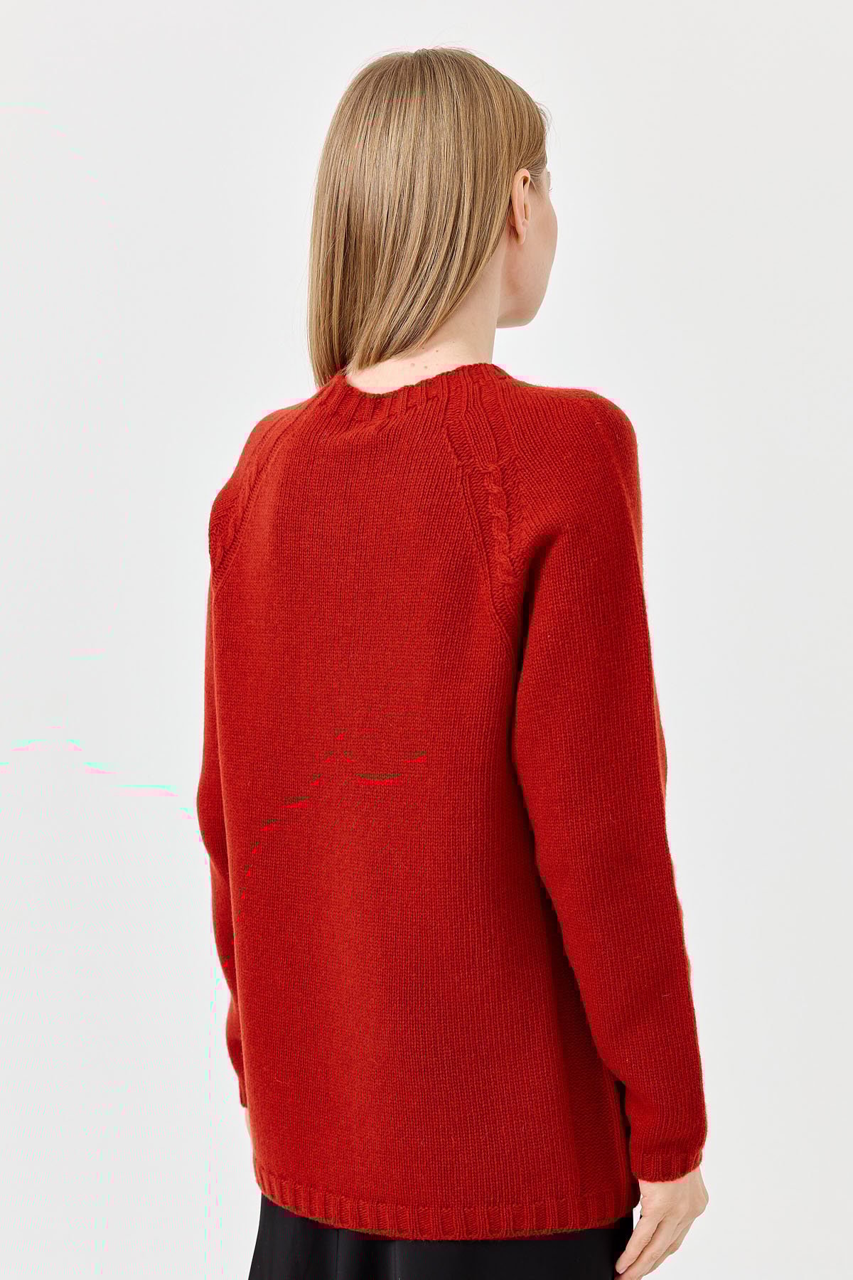 22096Kadın Sıfır Yaka Omzu Saç Örgülü Yün Kazak K.Kiremit