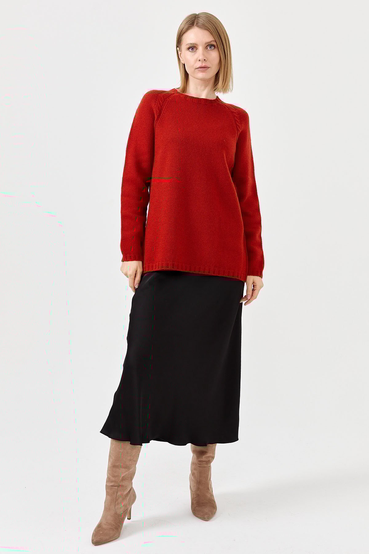 22096Kadın Sıfır Yaka Omzu Saç Örgülü Yün Kazak K.Kiremit