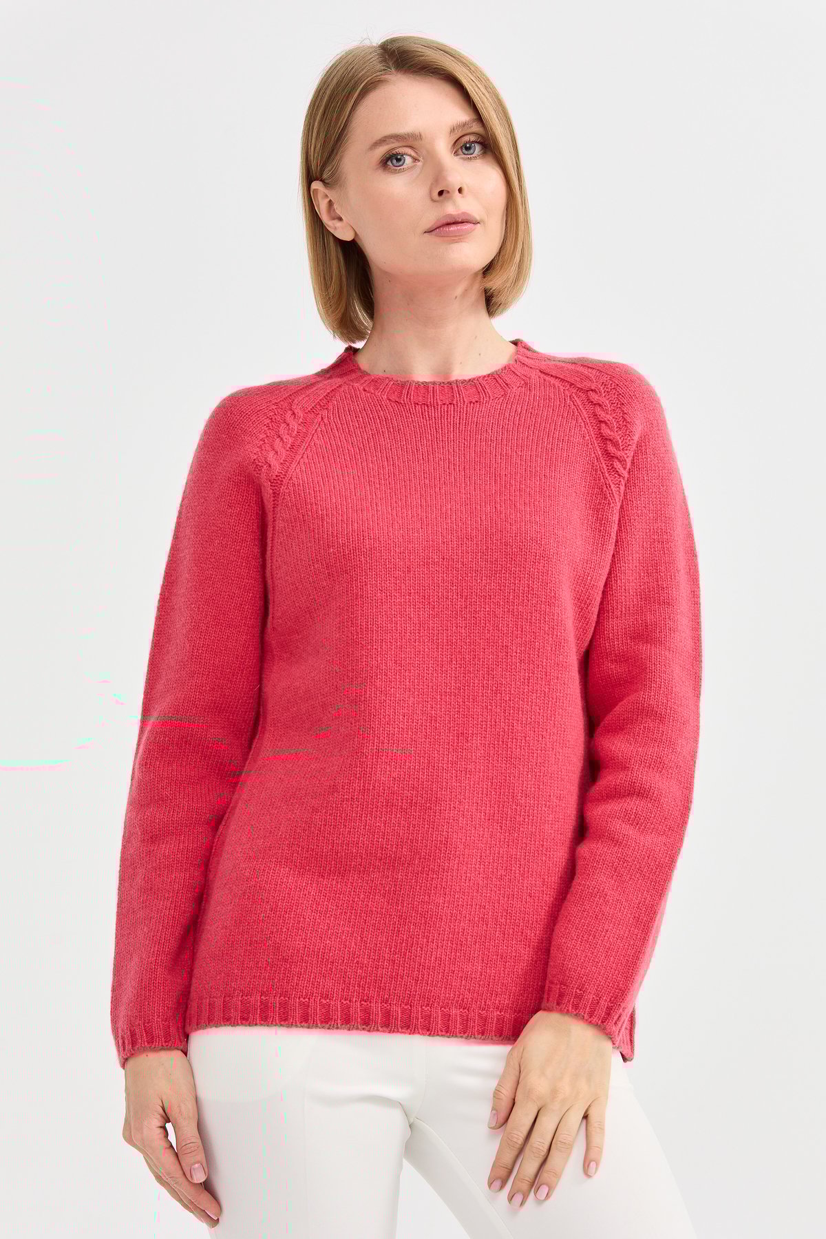 22096Kadın Sıfır Yaka Omzu Saç Örgülü Yün Kazak Y.S.Pembe