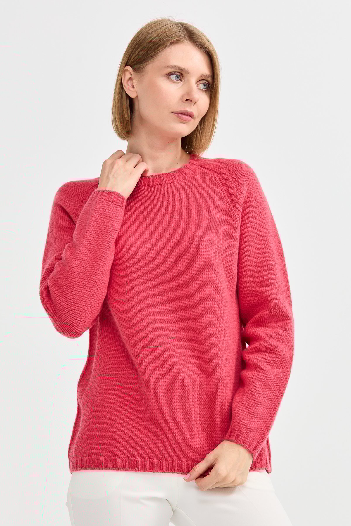 22096Kadın Sıfır Yaka Omzu Saç Örgülü Yün Kazak Y.S.Pembe