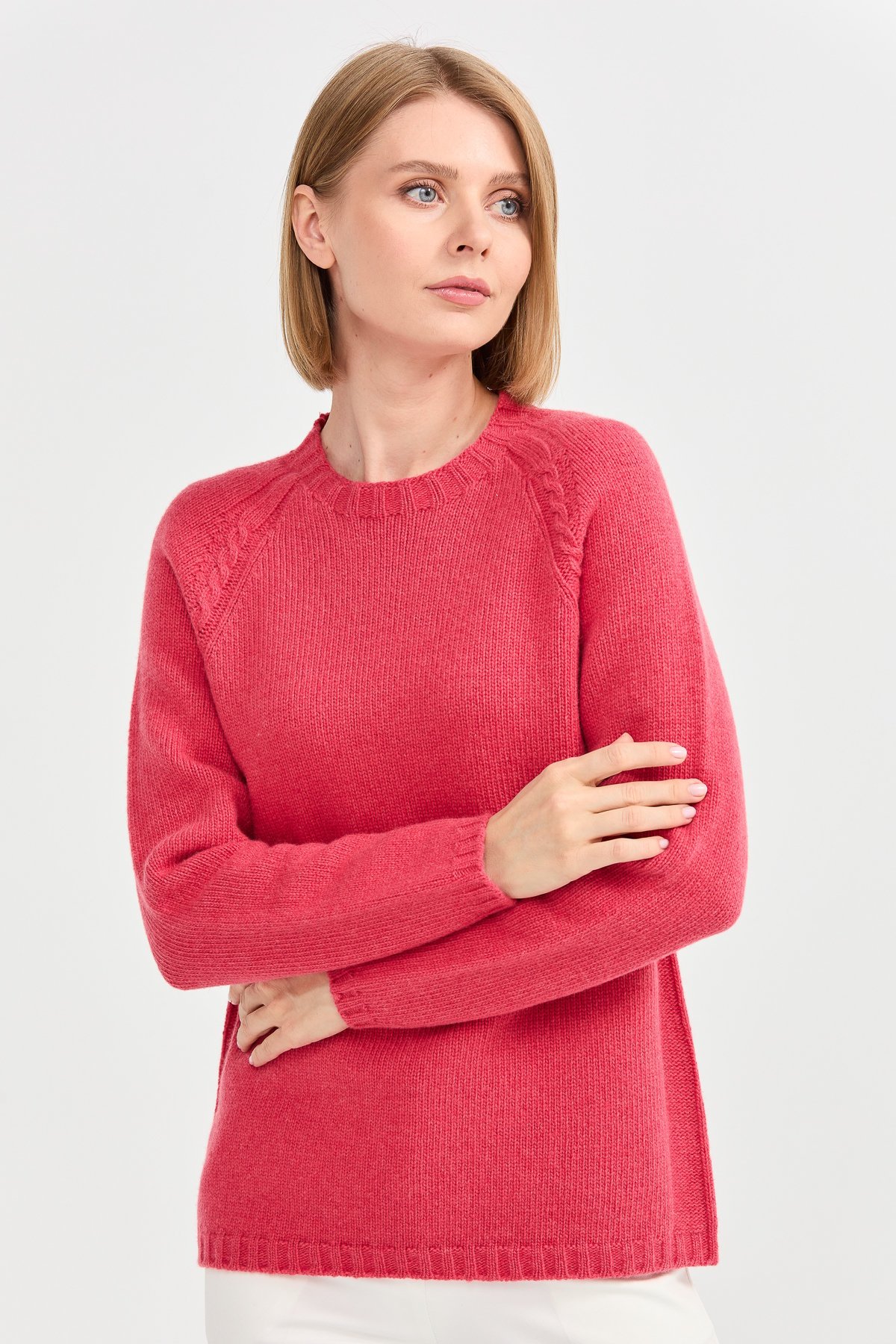 22096Kadın Sıfır Yaka Omzu Saç Örgülü Yün Kazak Y.S.Pembe