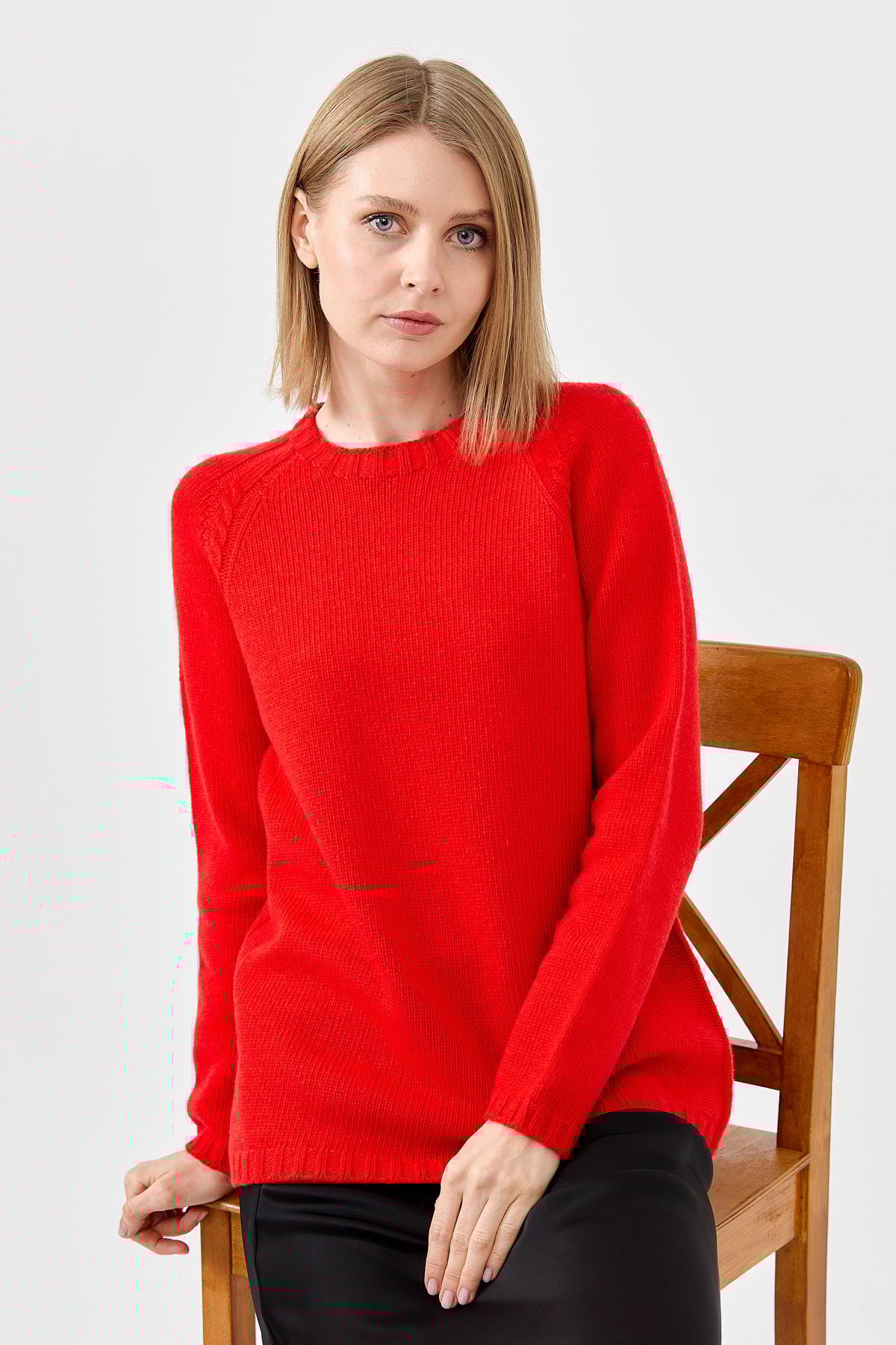 22096Kadın Sıfır Yaka Omzu Saç Örgülü Yün Kazak Mercan