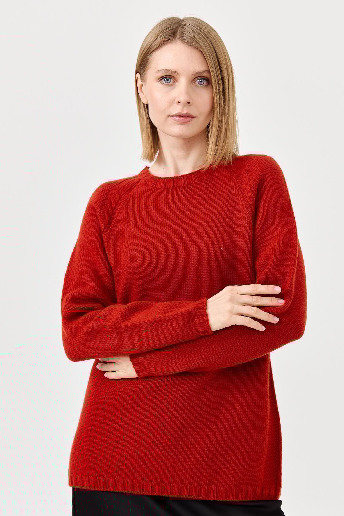 22096Kadın Sıfır Yaka Omzu Saç Örgülü Yün Kazak K.Kiremit