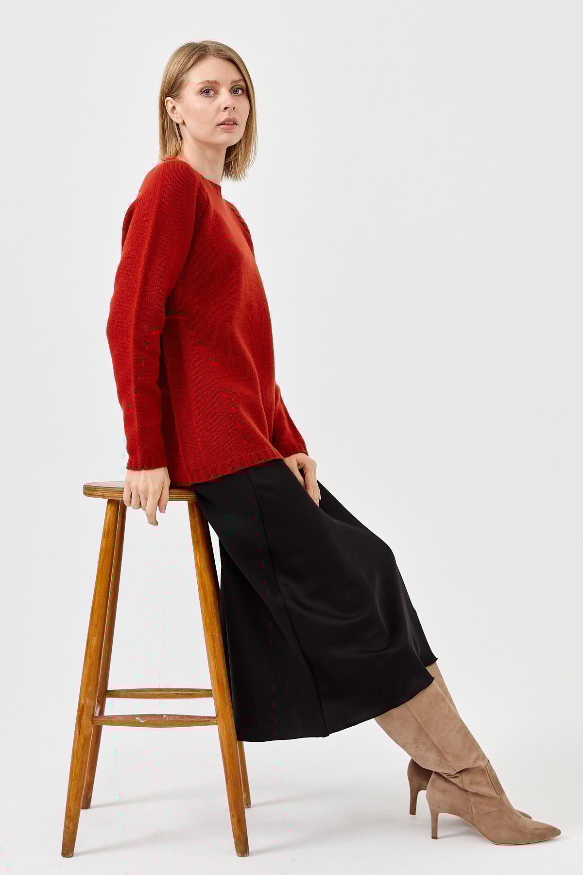 22096Kadın Sıfır Yaka Omzu Saç Örgülü Yün Kazak K.Kiremit