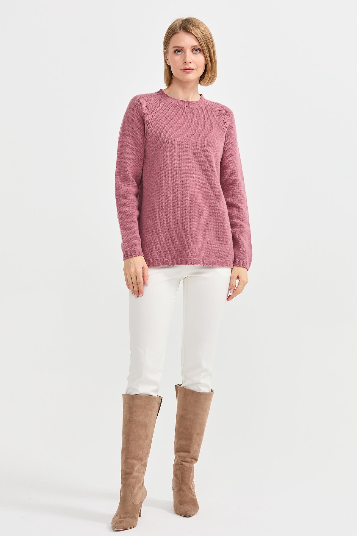 22096Kadın Sıfır Yaka Omzu Saç Örgülü Yün Kazak Y.G.Kurusu