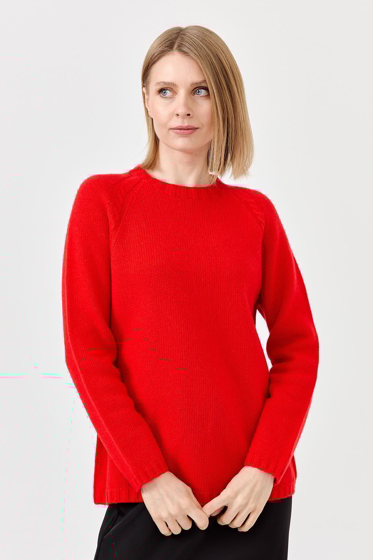 22096Kadın Sıfır Yaka Omzu Saç Örgülü Yün Kazak Mercan