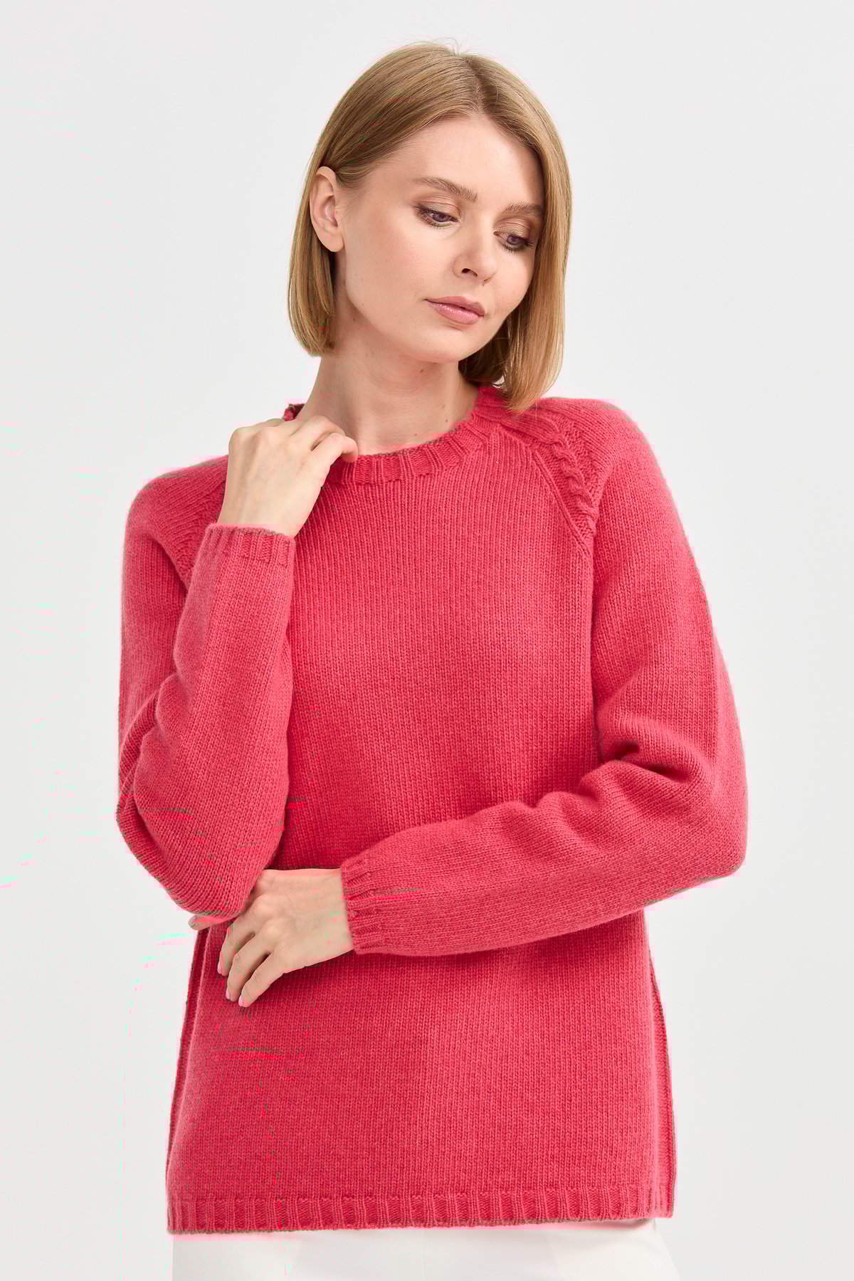 22096Kadın Sıfır Yaka Omzu Saç Örgülü Yün Kazak Y.S.Pembe