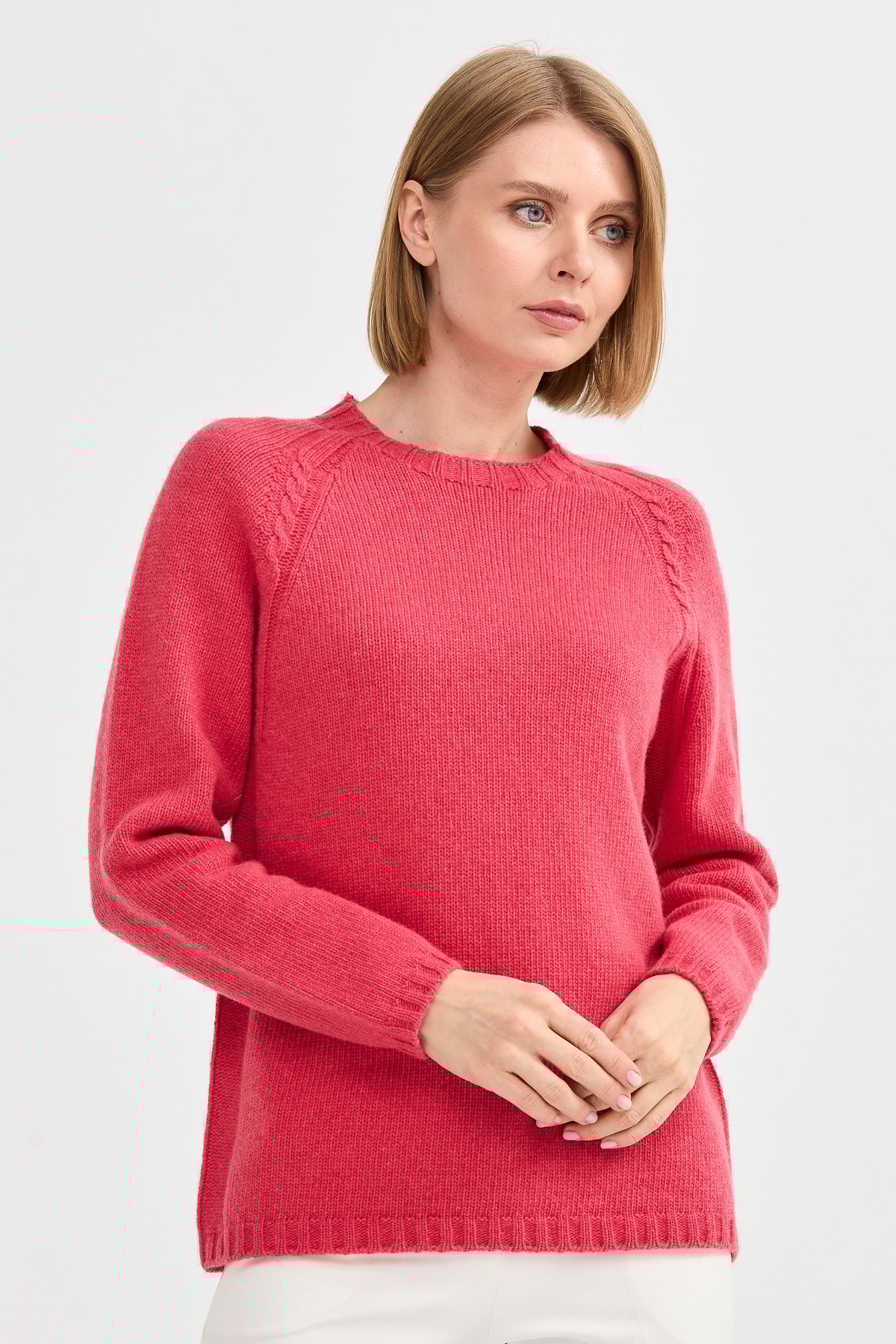 22096Kadın Sıfır Yaka Omzu Saç Örgülü Yün Kazak Y.S.Pembe