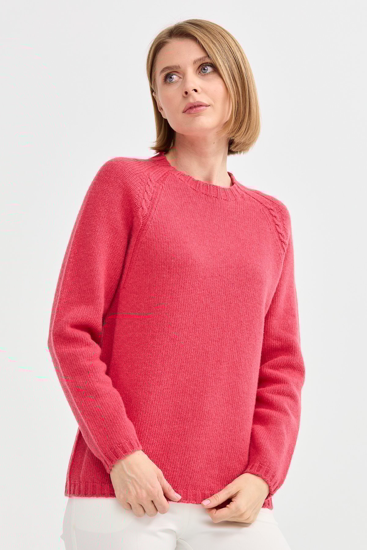 22096Kadın Sıfır Yaka Omzu Saç Örgülü Yün Kazak Y.S.Pembe