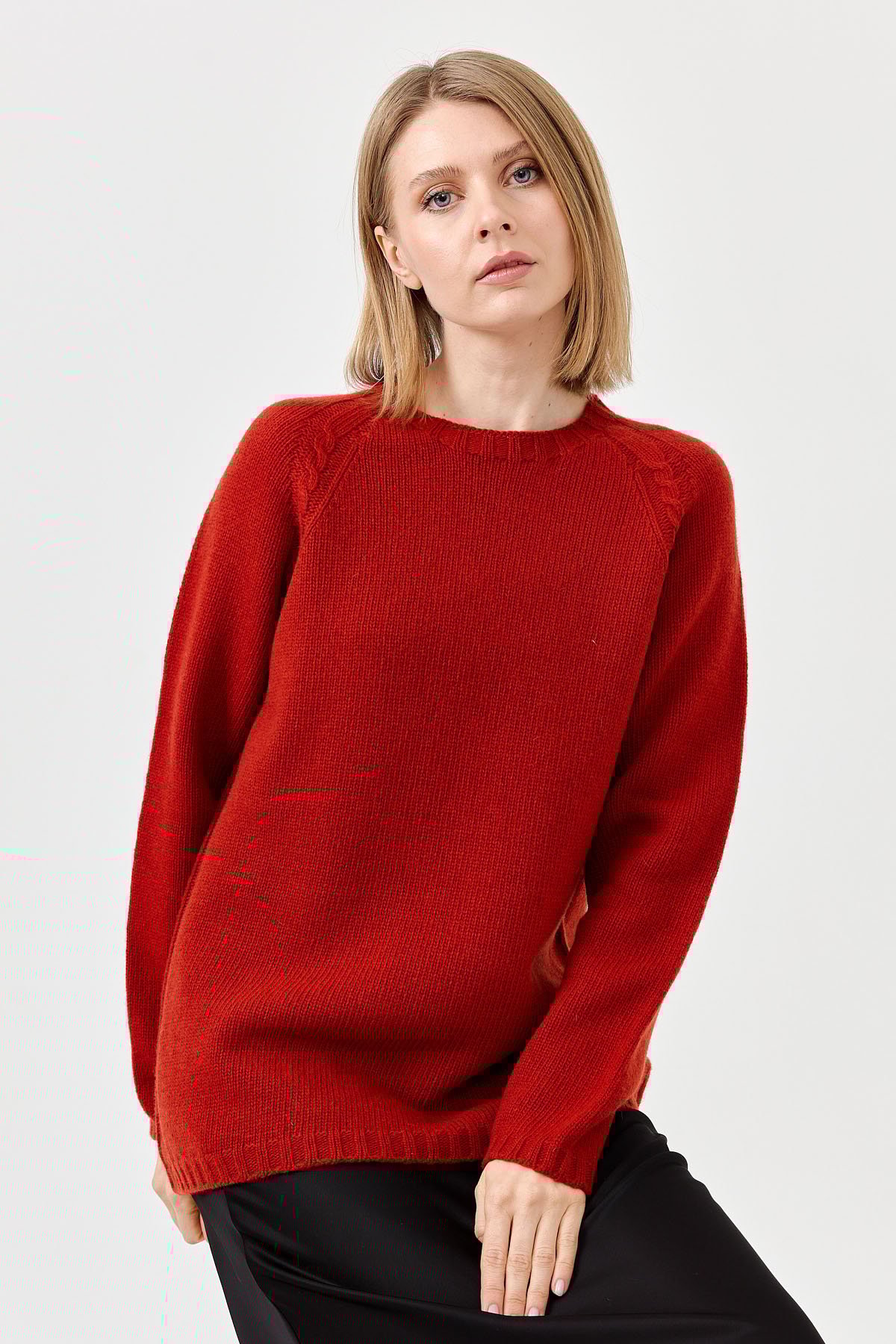 22096Kadın Sıfır Yaka Omzu Saç Örgülü Yün Kazak K.Kiremit