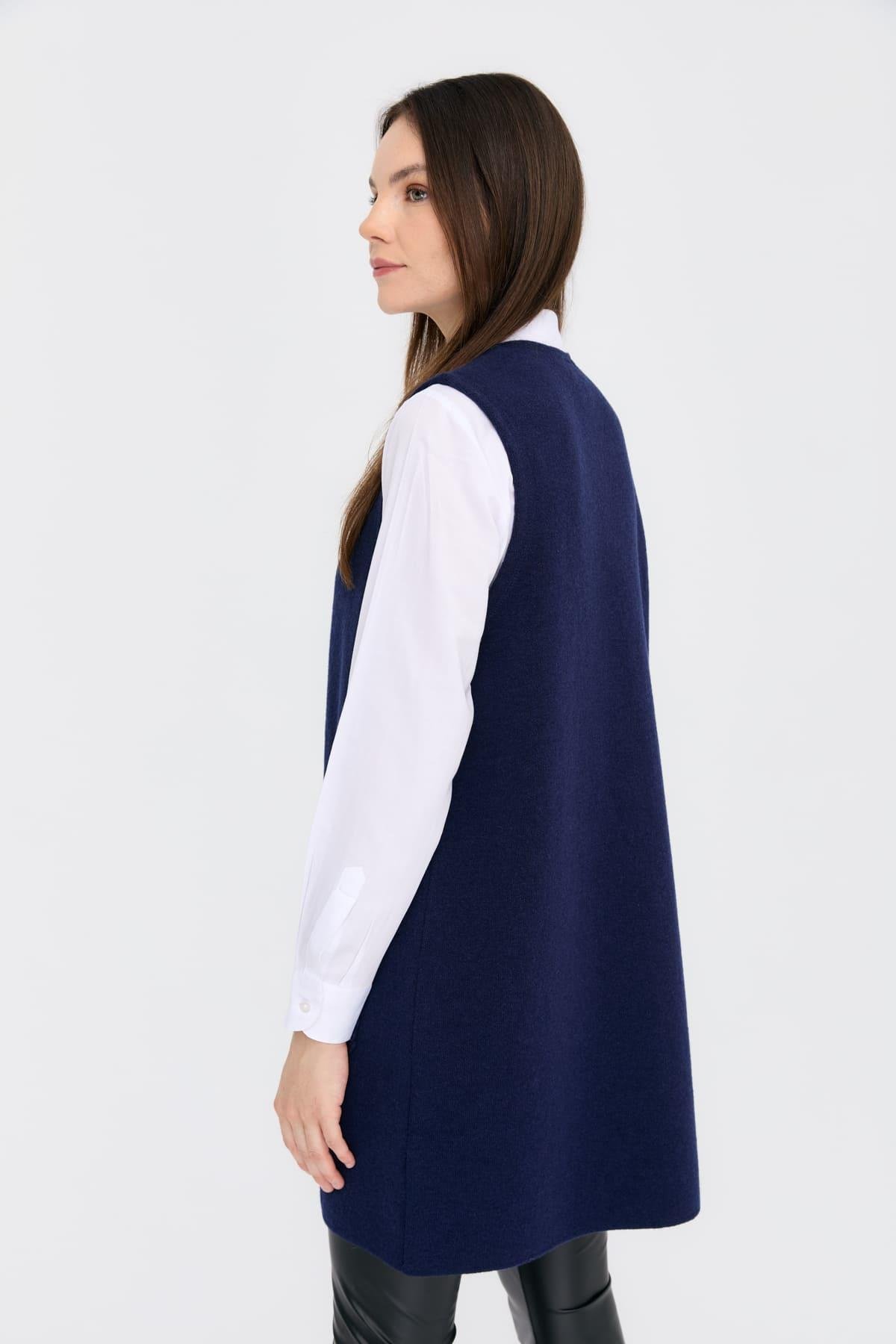 24016Kadın Sıfır Yaka Önü Açık Uzun Yün Yelek Y.A Lacivert