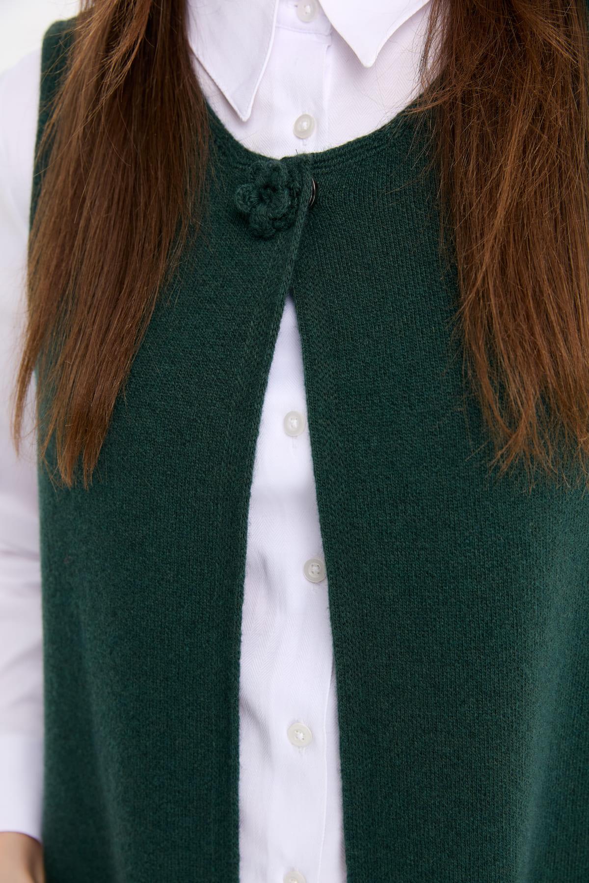 24016Kadın Sıfır Yaka Önü Açık Uzun Yün Yelek Yeşil