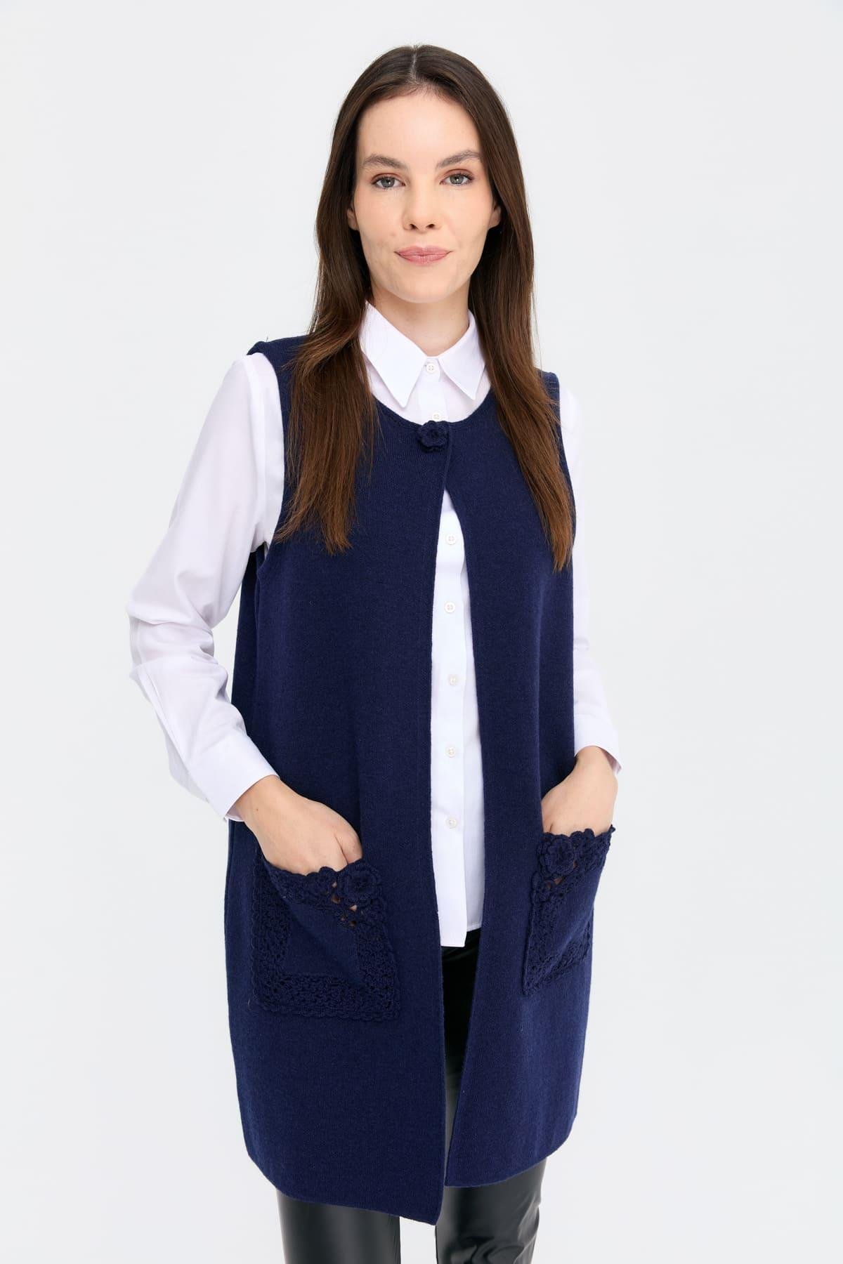 24016Kadın Sıfır Yaka Önü Açık Uzun Yün Yelek Y.A Lacivert