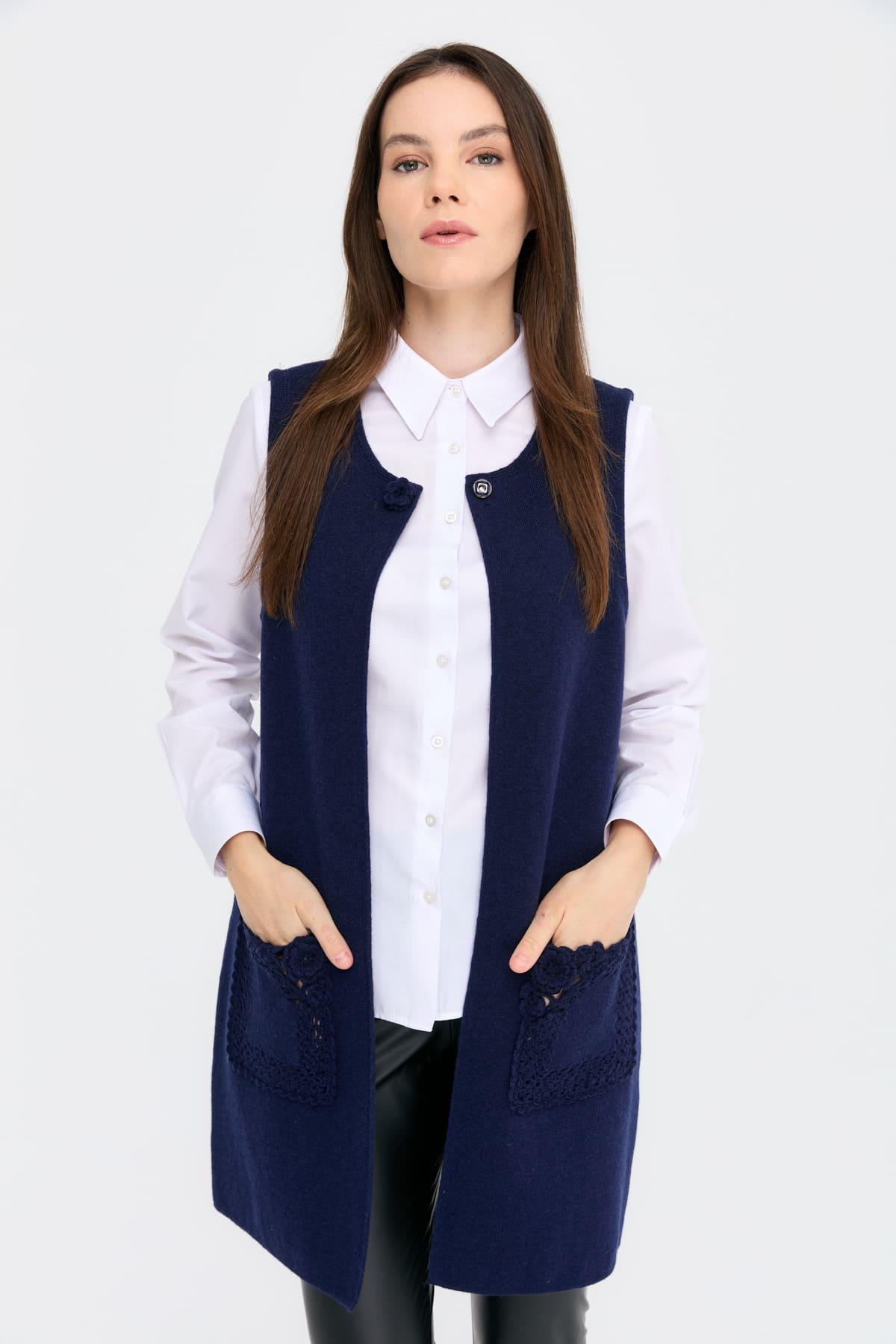 24016Kadın Sıfır Yaka Önü Açık Uzun Yün Yelek Y.A Lacivert
