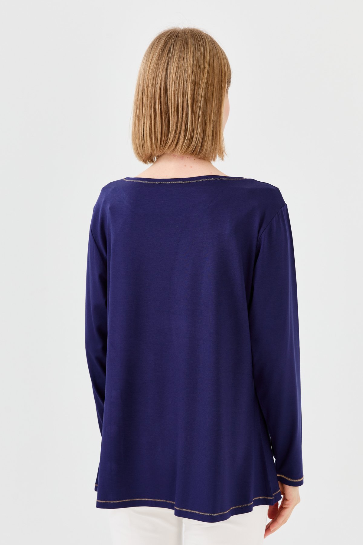 23784Kadın Sıfır Yaka Önü Ahşap Düğmeli Penye Bluz Lacivert