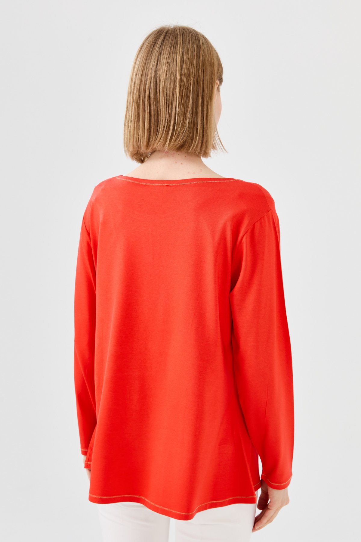 23784Kadın Sıfır Yaka Önü Ahşap Düğmeli Penye Bluz Oranj