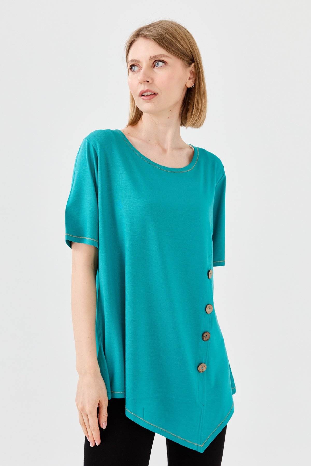 23783Kadın Sıfır Yaka Önü Ahşap Düğmeli Penye T-shirt Yeşil