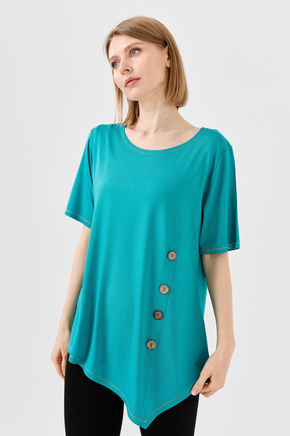 23783Kadın Sıfır Yaka Önü Ahşap Düğmeli Penye T-shirt Yeşil