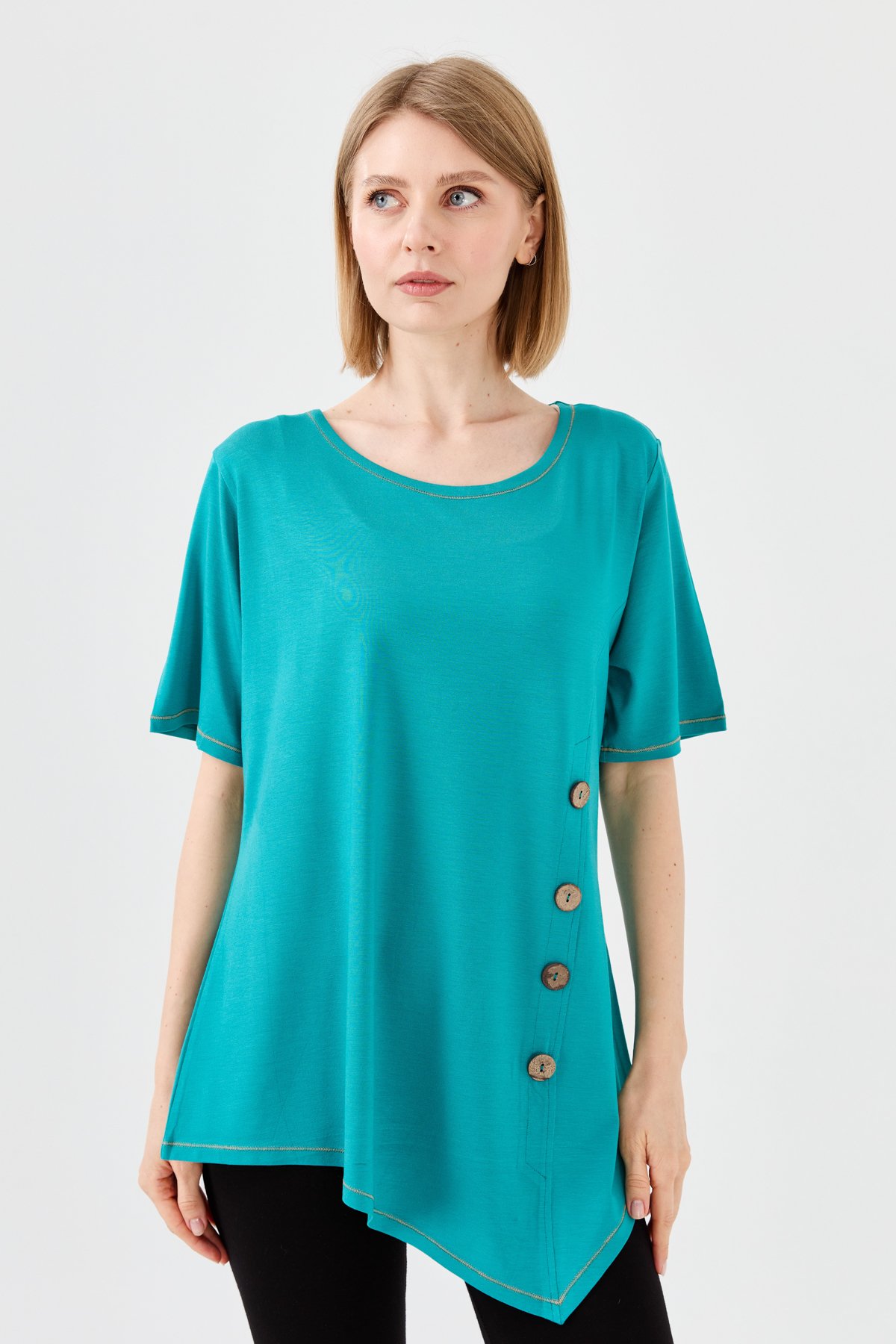 23783Kadın Sıfır Yaka Önü Ahşap Düğmeli Penye T-shirt Yeşil
