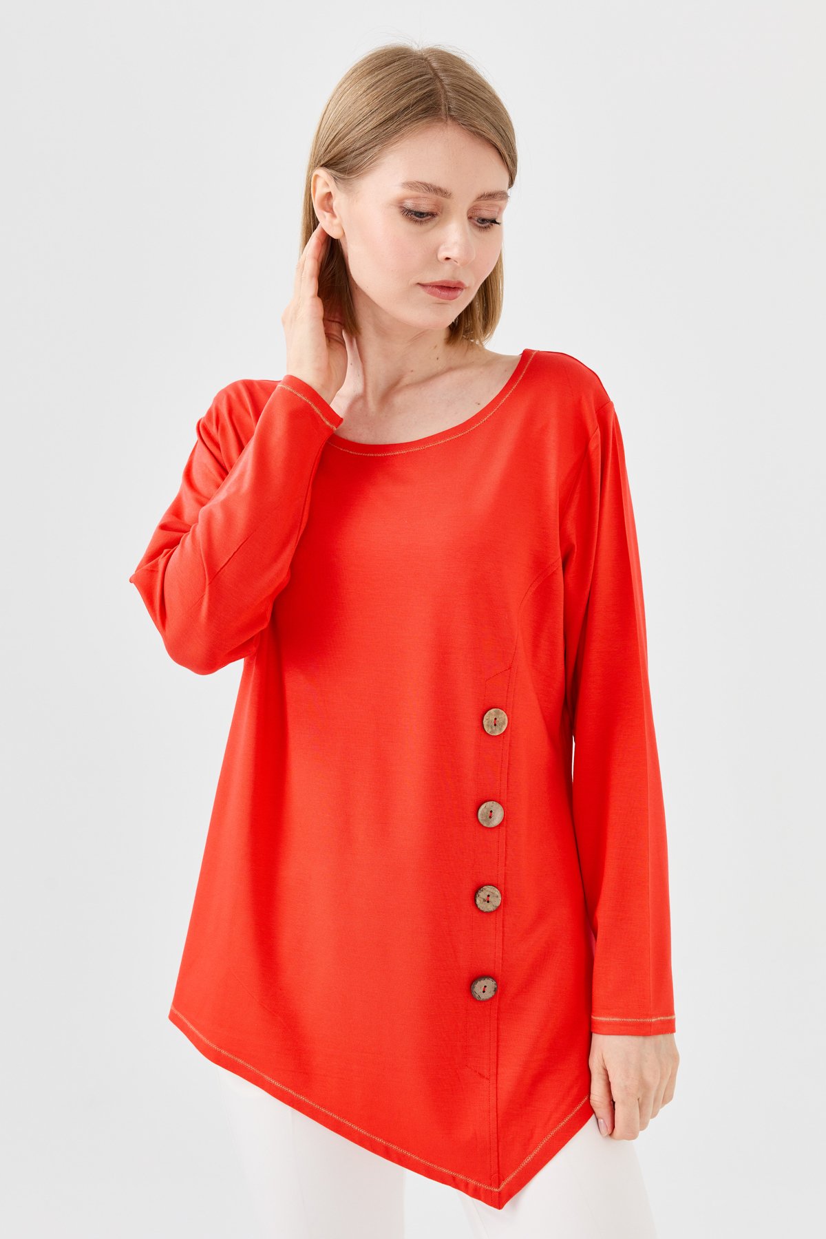 23784Kadın Sıfır Yaka Önü Ahşap Düğmeli Penye Bluz Oranj