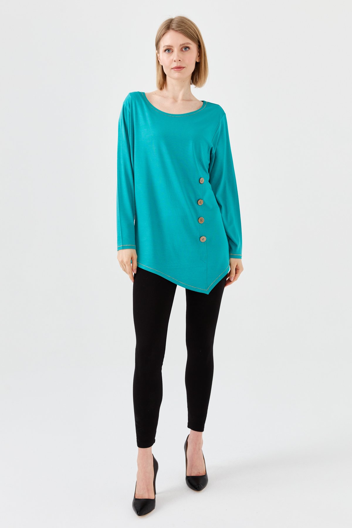 23784Kadın Sıfır Yaka Önü Ahşap Düğmeli Penye Bluz Yeşil