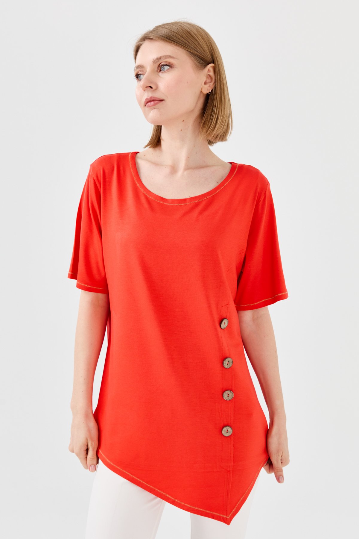 23783Kadın Sıfır Yaka Önü Ahşap Düğmeli Penye T-shirt Oranj