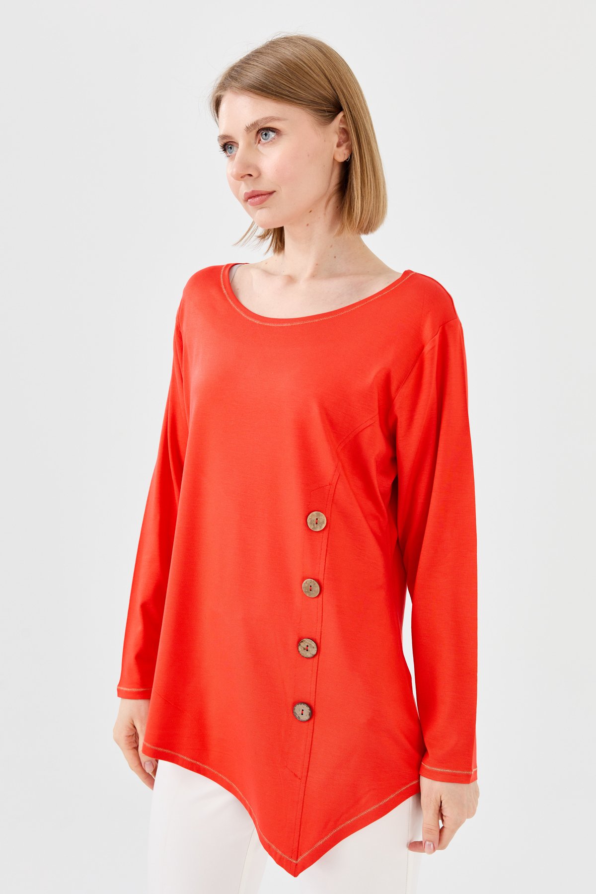 23784Kadın Sıfır Yaka Önü Ahşap Düğmeli Penye Bluz Oranj