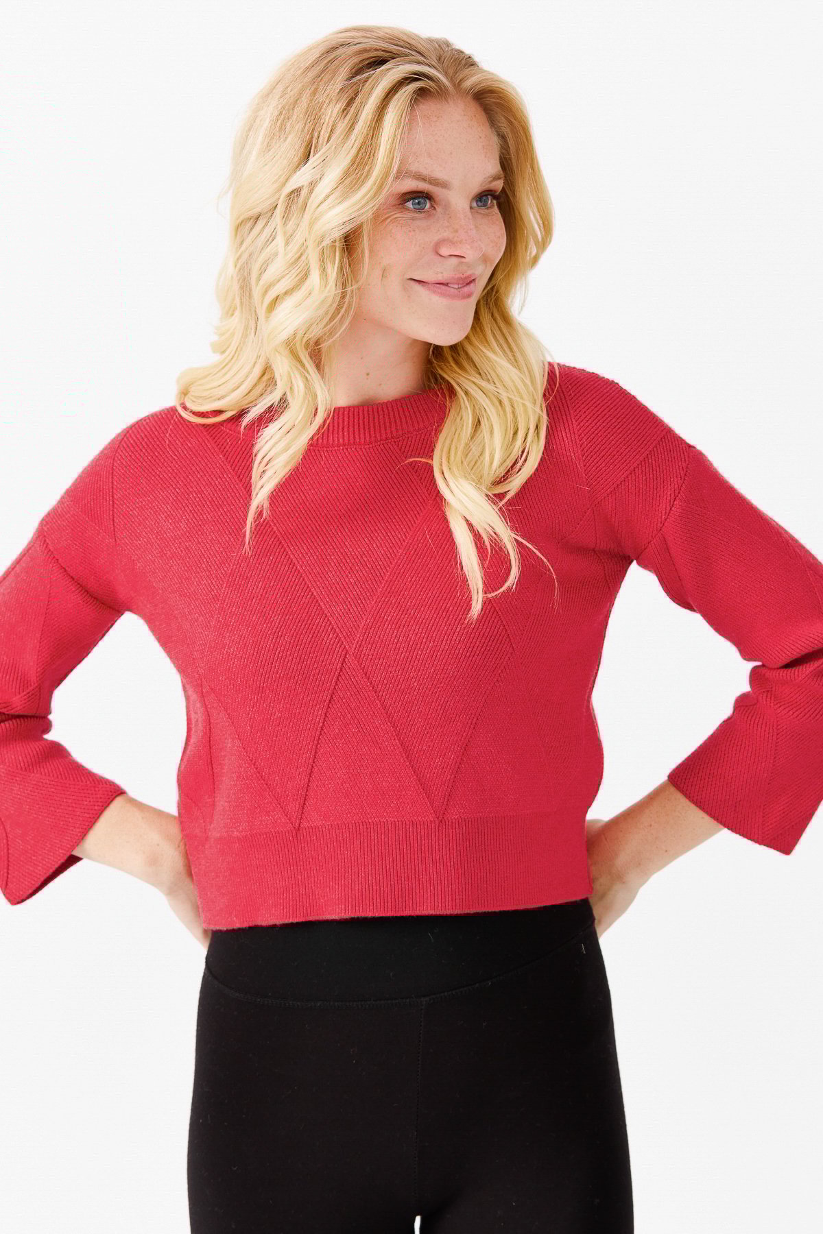 22050Женский короткий свитер с круглым вырезом и узором ромбы спереди, красный