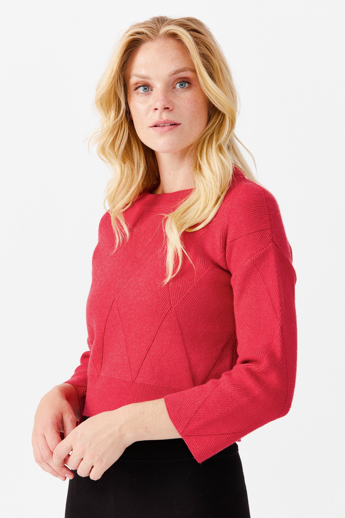 22050Женский короткий свитер с круглым вырезом и узором ромбы спереди, красный