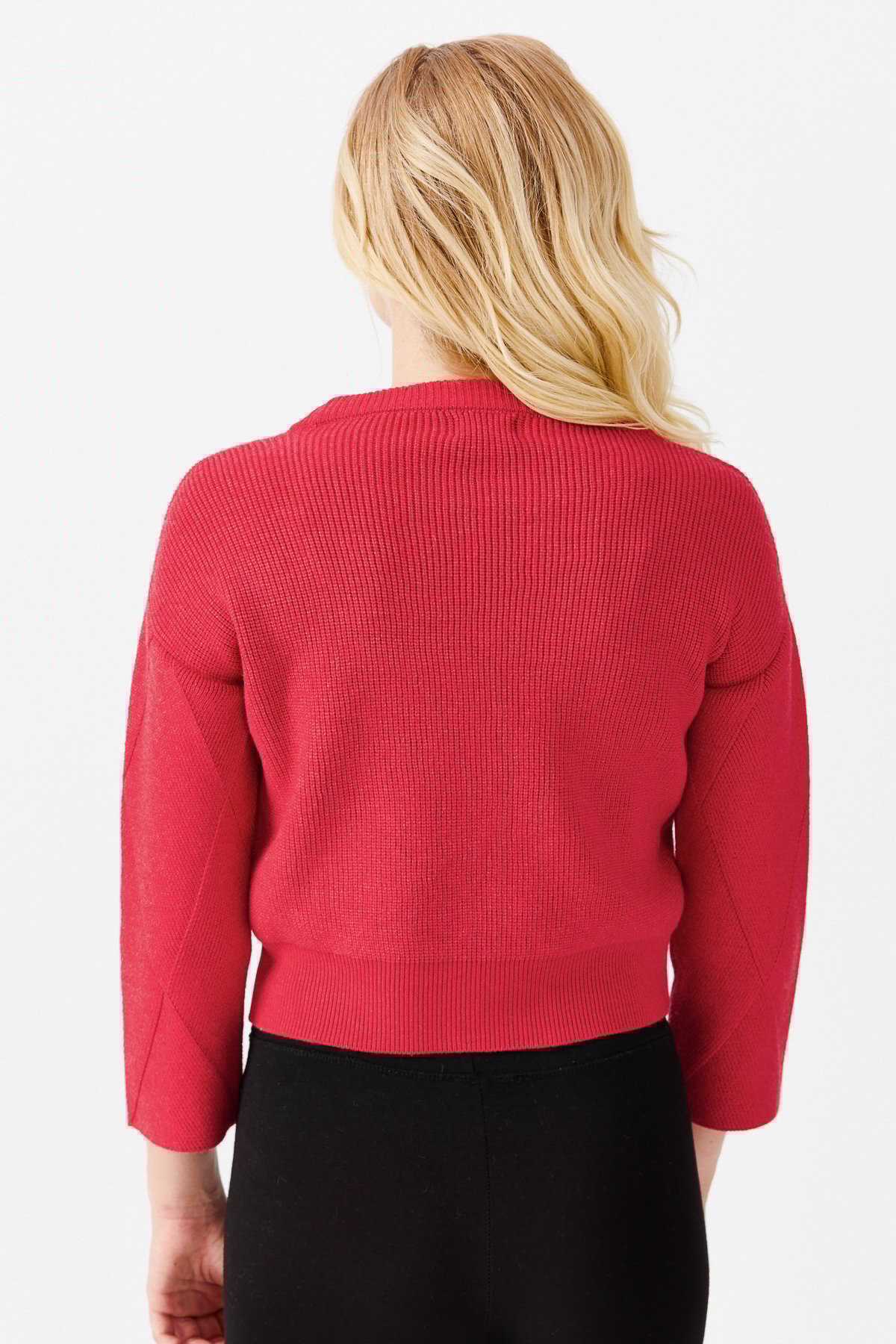 22050Женский короткий свитер с круглым вырезом и узором ромбы спереди, красный