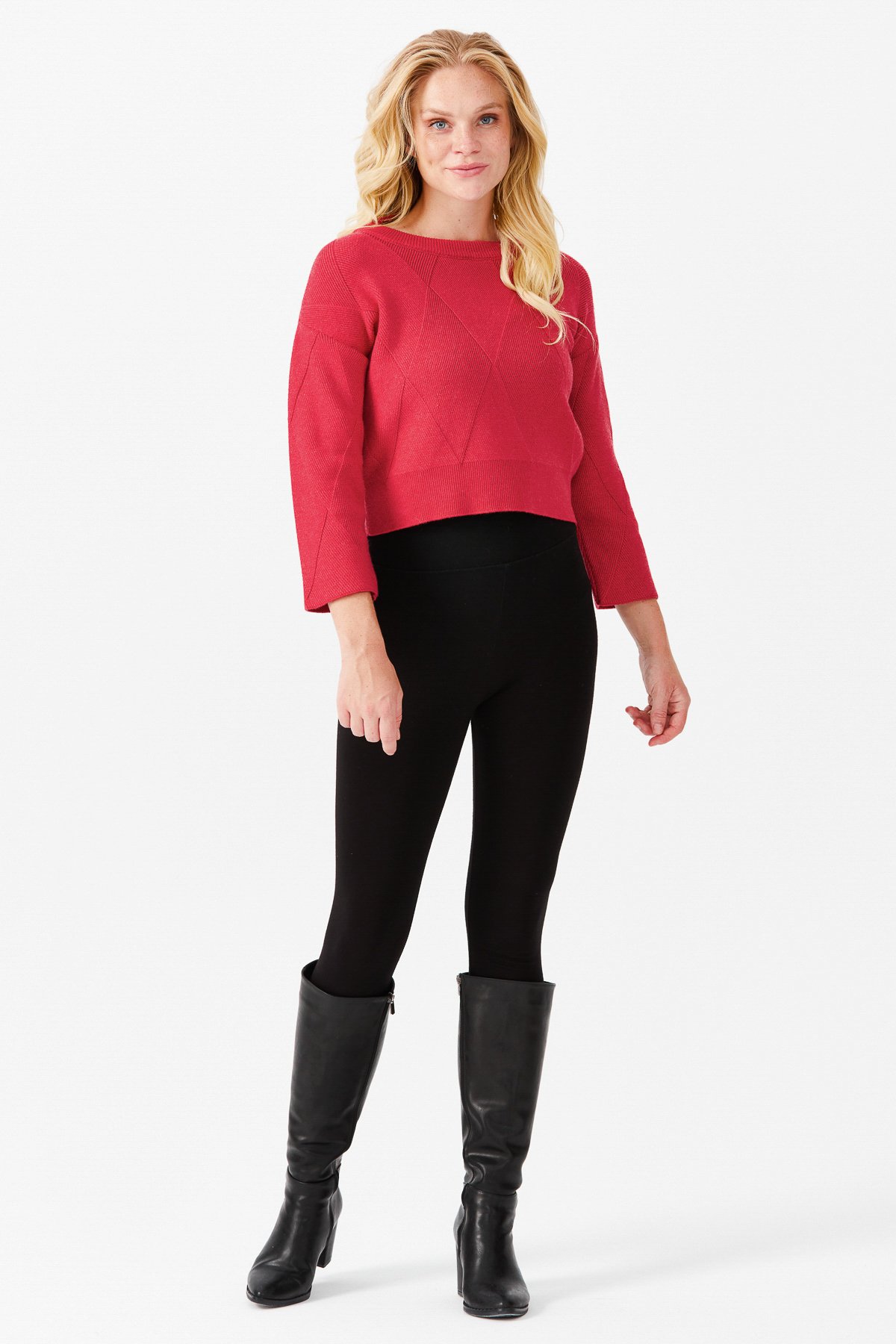 22050Женский короткий свитер с круглым вырезом и узором ромбы спереди, красный