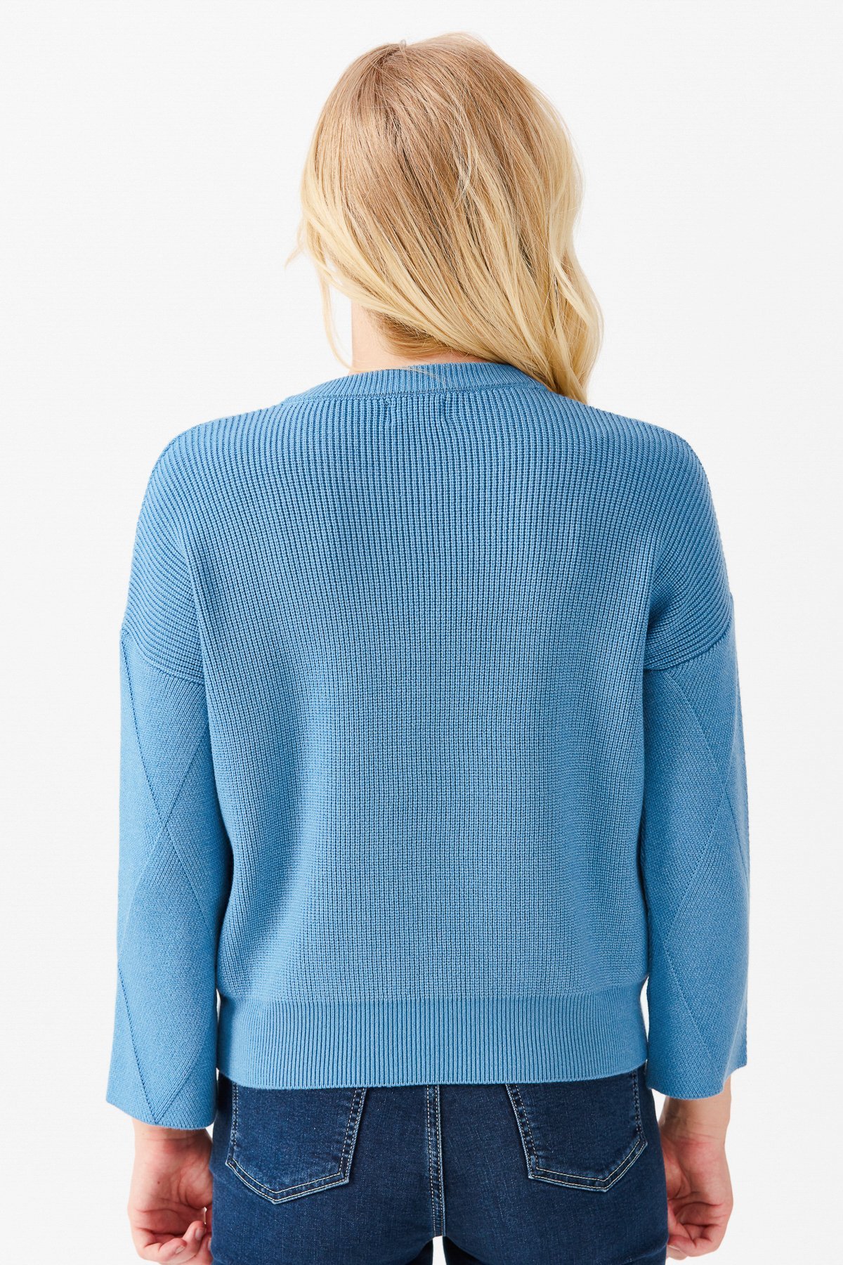 22050Женский короткий свитер с круглым вырезом и узором ромбы спереди, голубой