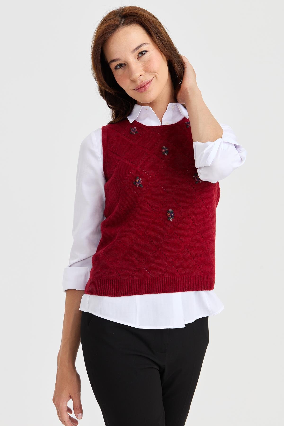 23160Kadın Sıfır Yaka Önü Baklava Linksli Yün Süveter V.Kırmızı