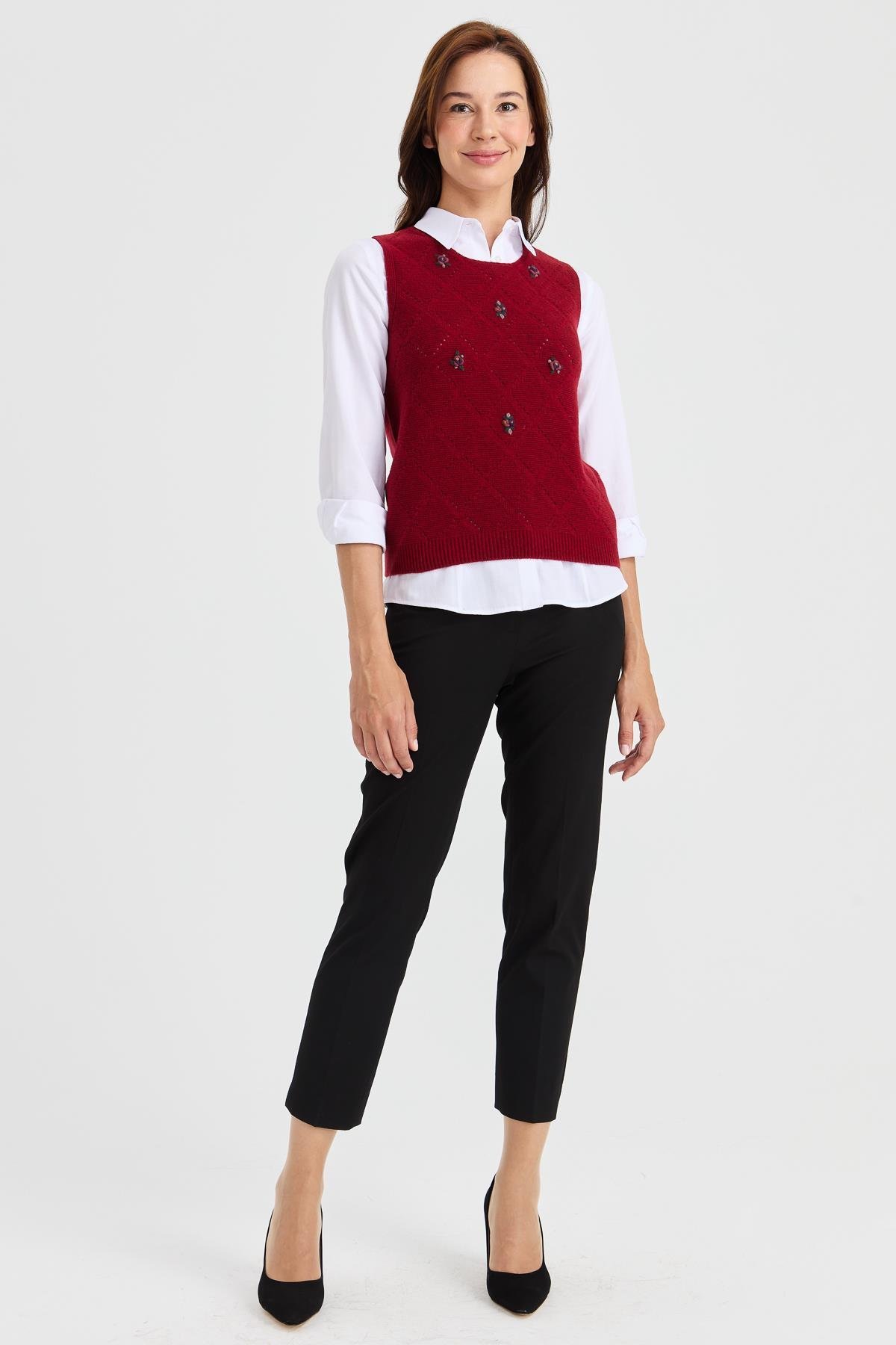 23160Kadın Sıfır Yaka Önü Baklava Linksli Yün Süveter V.Kırmızı