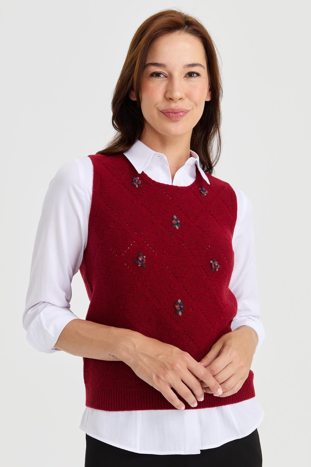 23160Kadın Sıfır Yaka Önü Baklava Linksli Yün Süveter V.Kırmızı