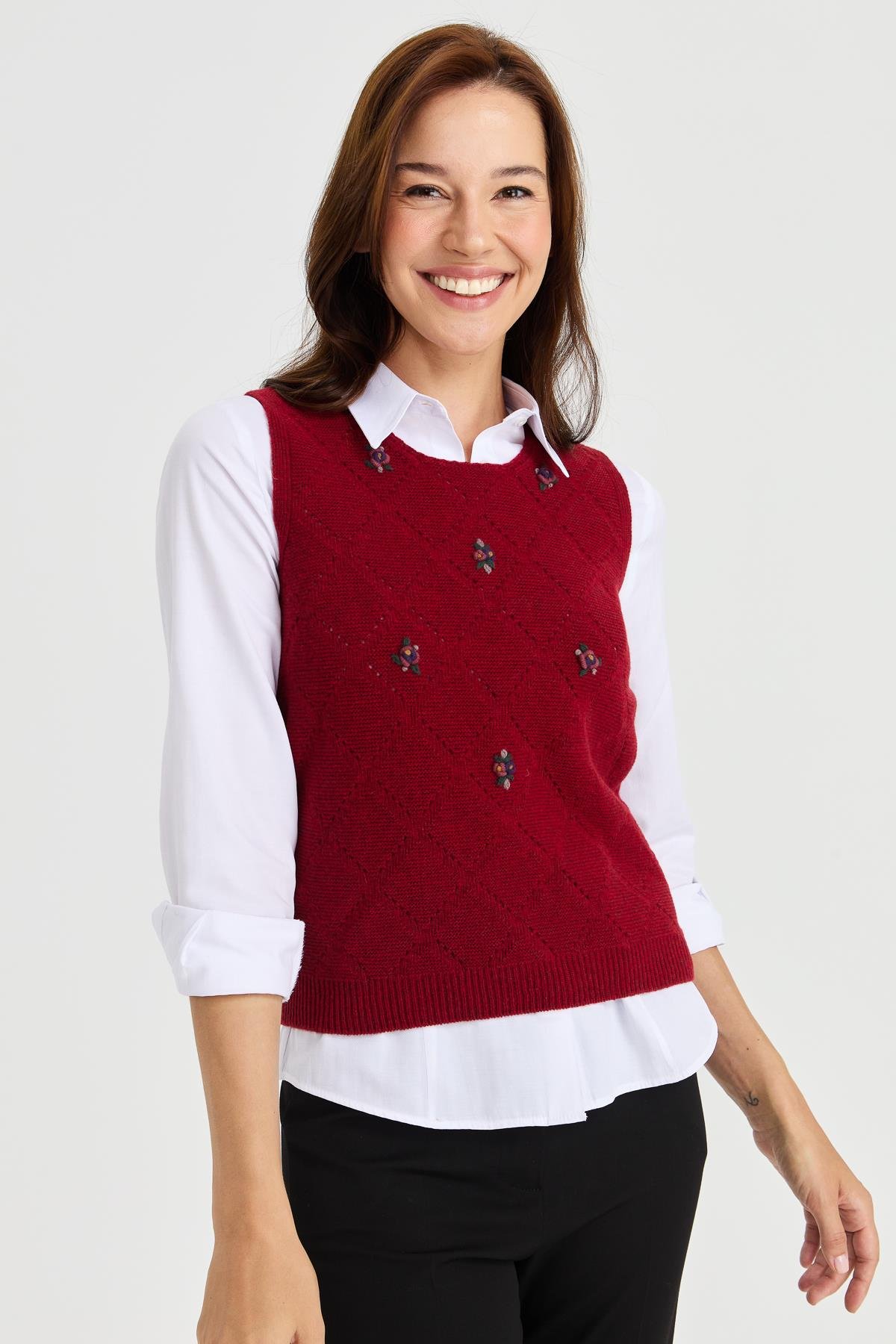 23160Kadın Sıfır Yaka Önü Baklava Linksli Yün Süveter V.Kırmızı