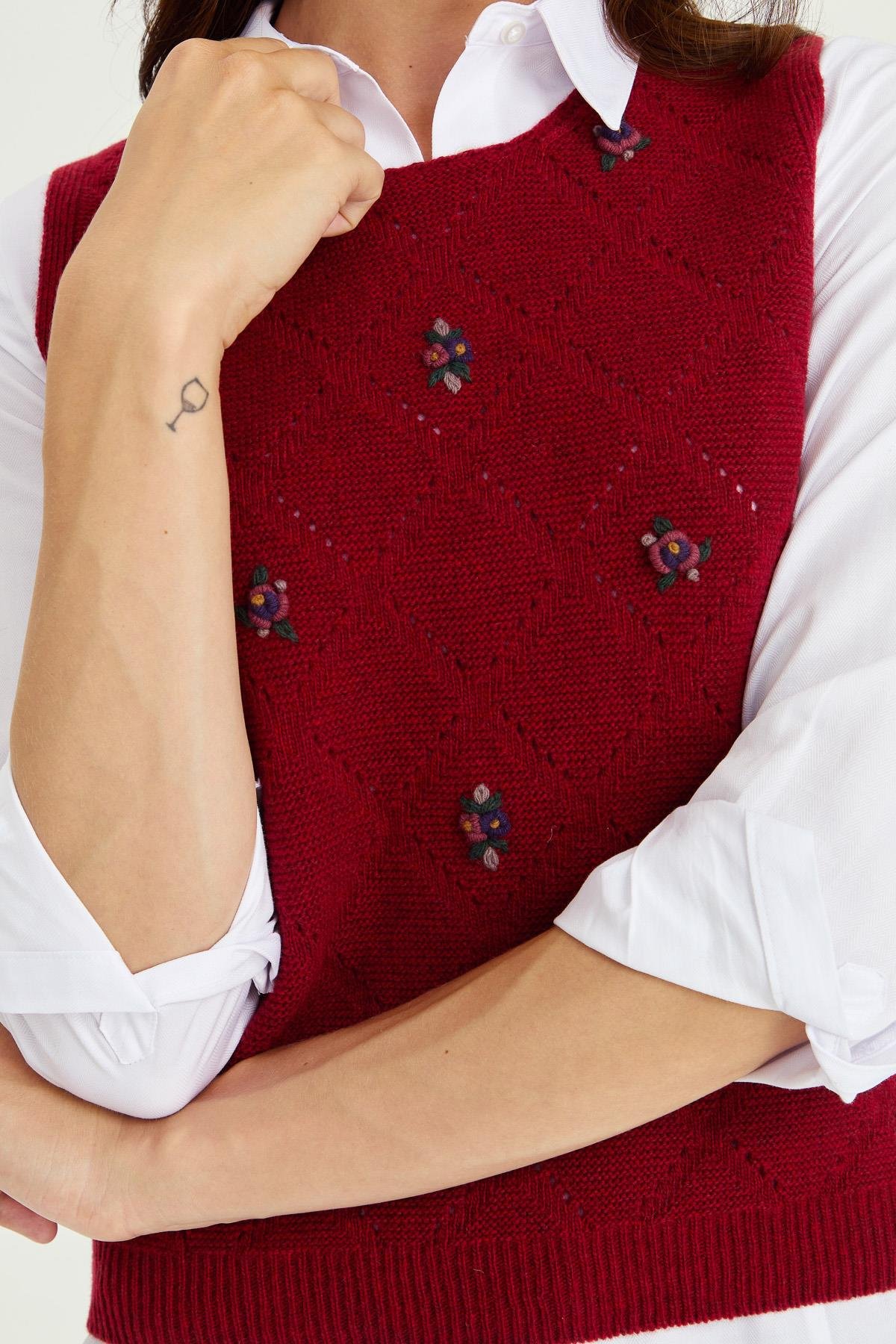 23160Kadın Sıfır Yaka Önü Baklava Linksli Yün Süveter V.Kırmızı