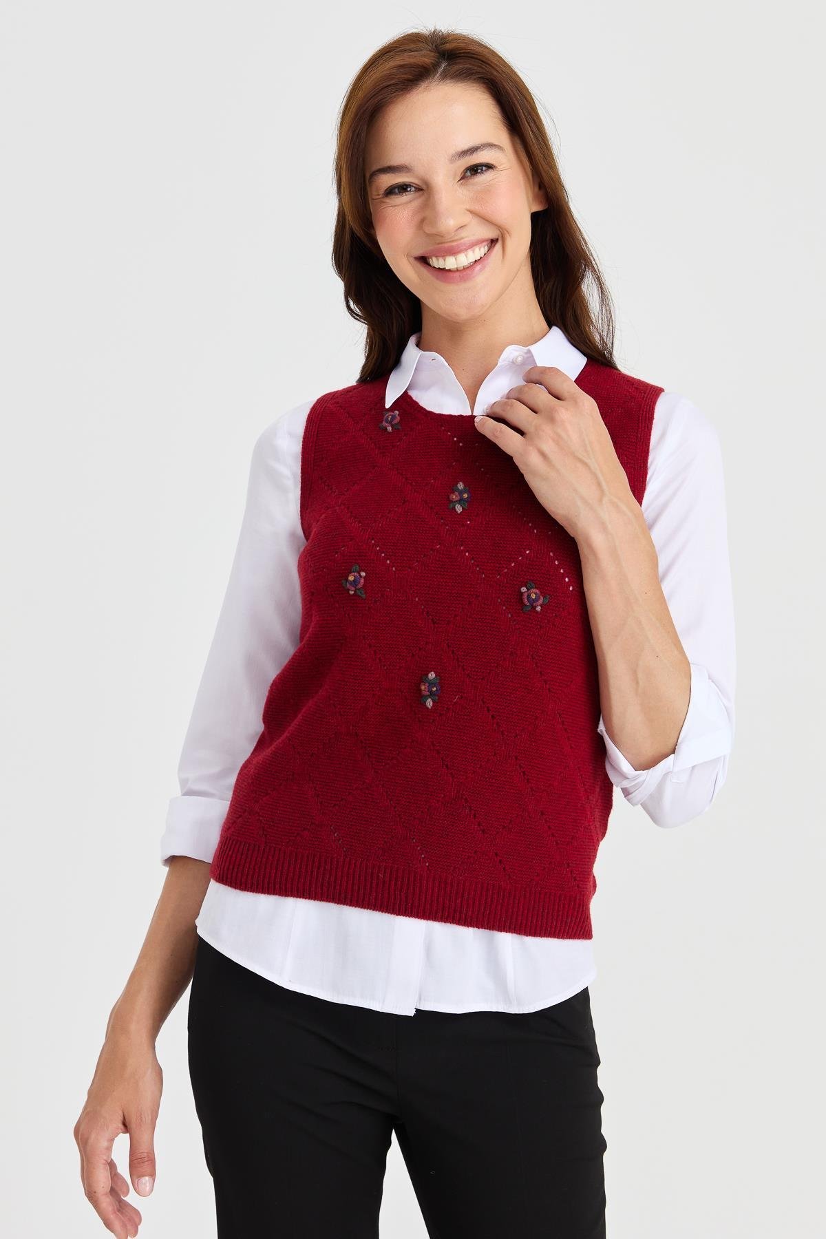 23160Kadın Sıfır Yaka Önü Baklava Linksli Yün Süveter V.Kırmızı