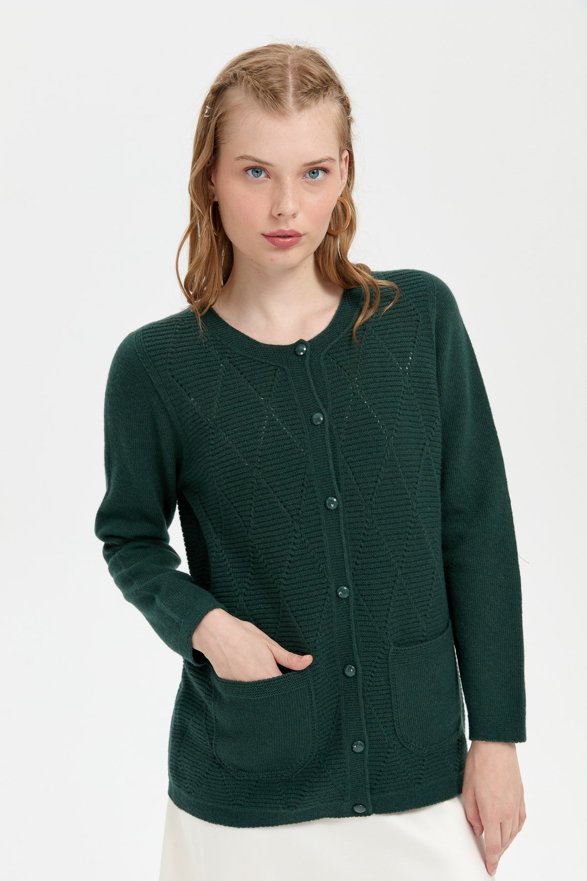 24202Kadın Sıfır Yaka Önü Baklava Örgü Dikişsiz Yün Hırka Yeşil