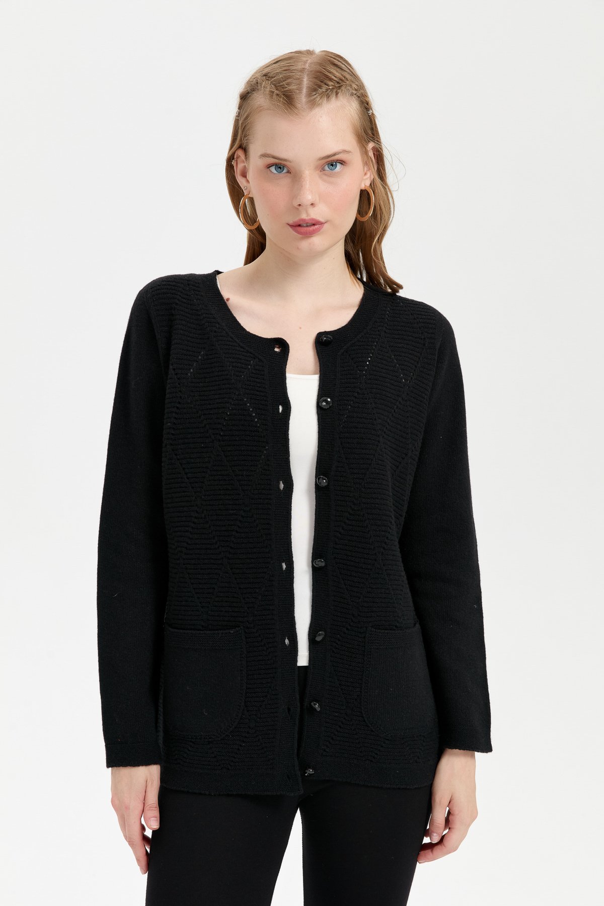 24202Kadın Sıfır Yaka Önü Baklava Örgü Dikişsiz Yün Hırka Siyah