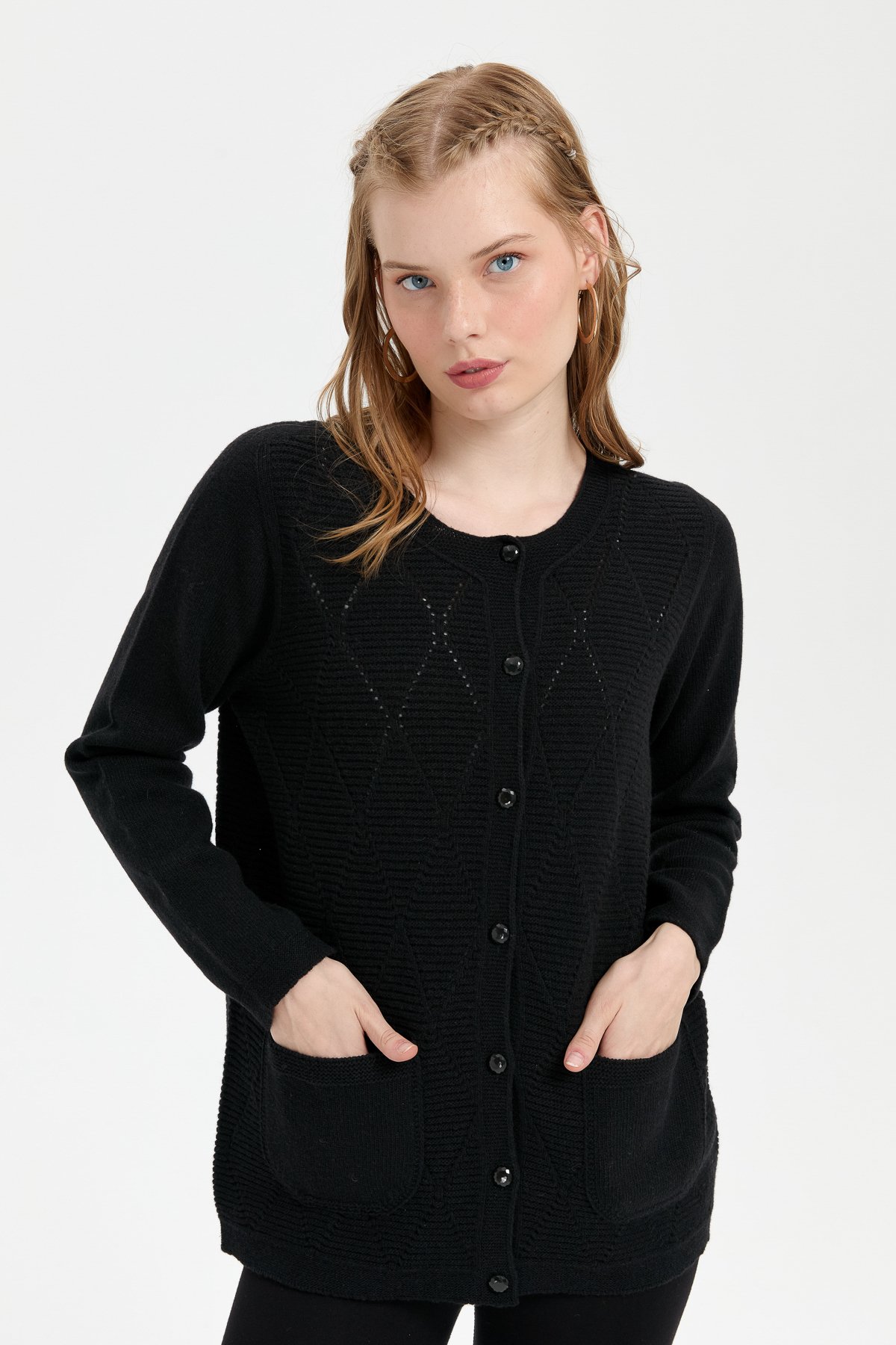 24202Kadın Sıfır Yaka Önü Baklava Örgü Dikişsiz Yün Hırka Siyah