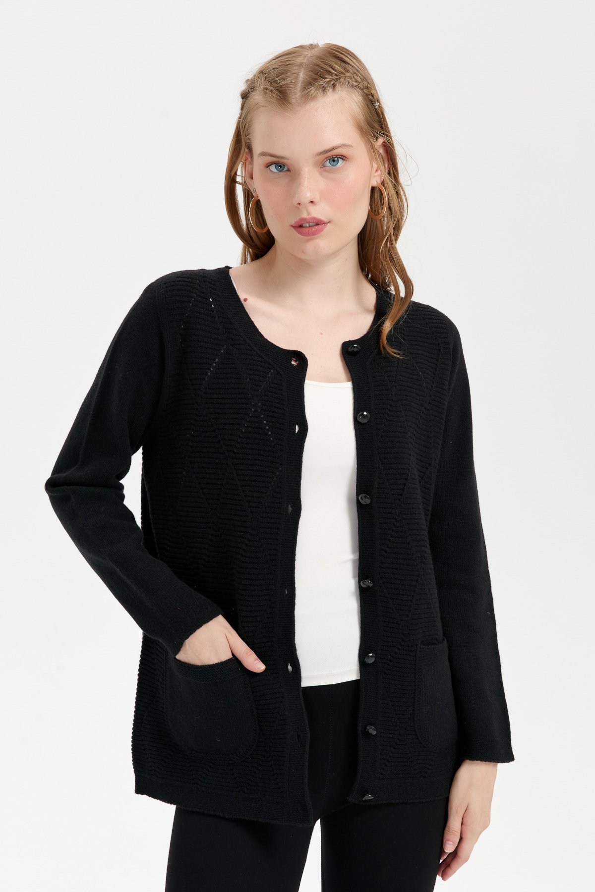 24202Kadın Sıfır Yaka Önü Baklava Örgü Dikişsiz Yün Hırka Siyah