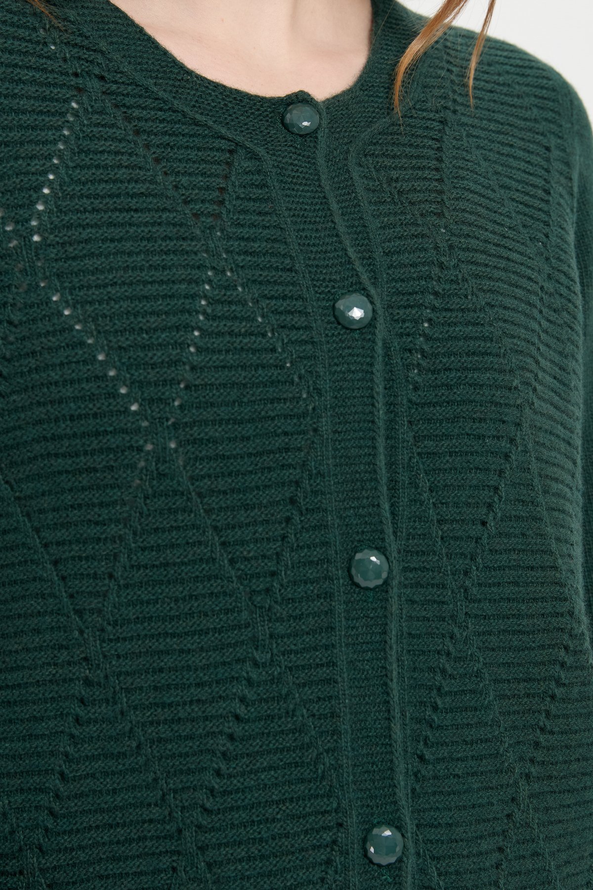 24202Kadın Sıfır Yaka Önü Baklava Örgü Dikişsiz Yün Hırka Yeşil